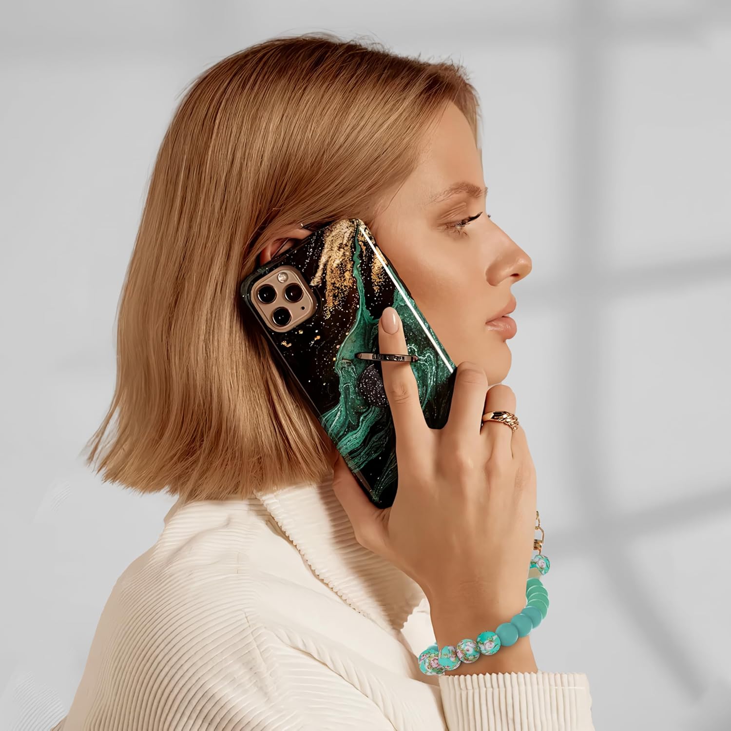 Silicone Beaded Phone Wrist Strap,Phone Bracelet Strap with Tether Tab,Elastic Hands-Free Wristlet Strap (Mint Green) - Image 2