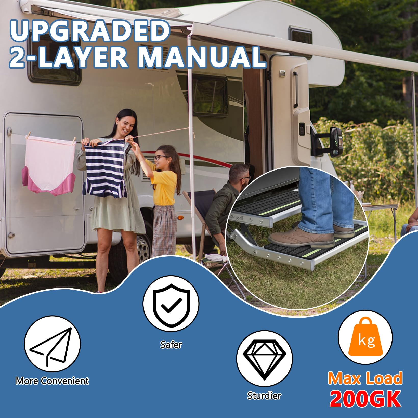 Marchepied Manuel Pliable pour Caravane avec Tapis antidérapant, Double Couche, pour Camping-Car, Caravane, remorque, Charge maximale : 200 kg
