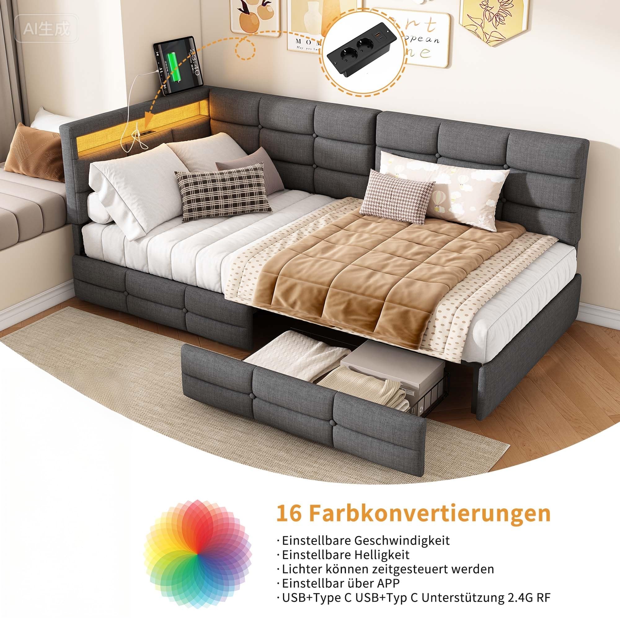 Sofa z funkcją spania w kształcie L 90x200 z 2 szufladami do przechowywania, sofa rozkładana, funkcyjne łóżko z funkcją spania z USB/Typ C i światłem LED, sofa tapczan, rozkładane łóżko, łóżko tapczan