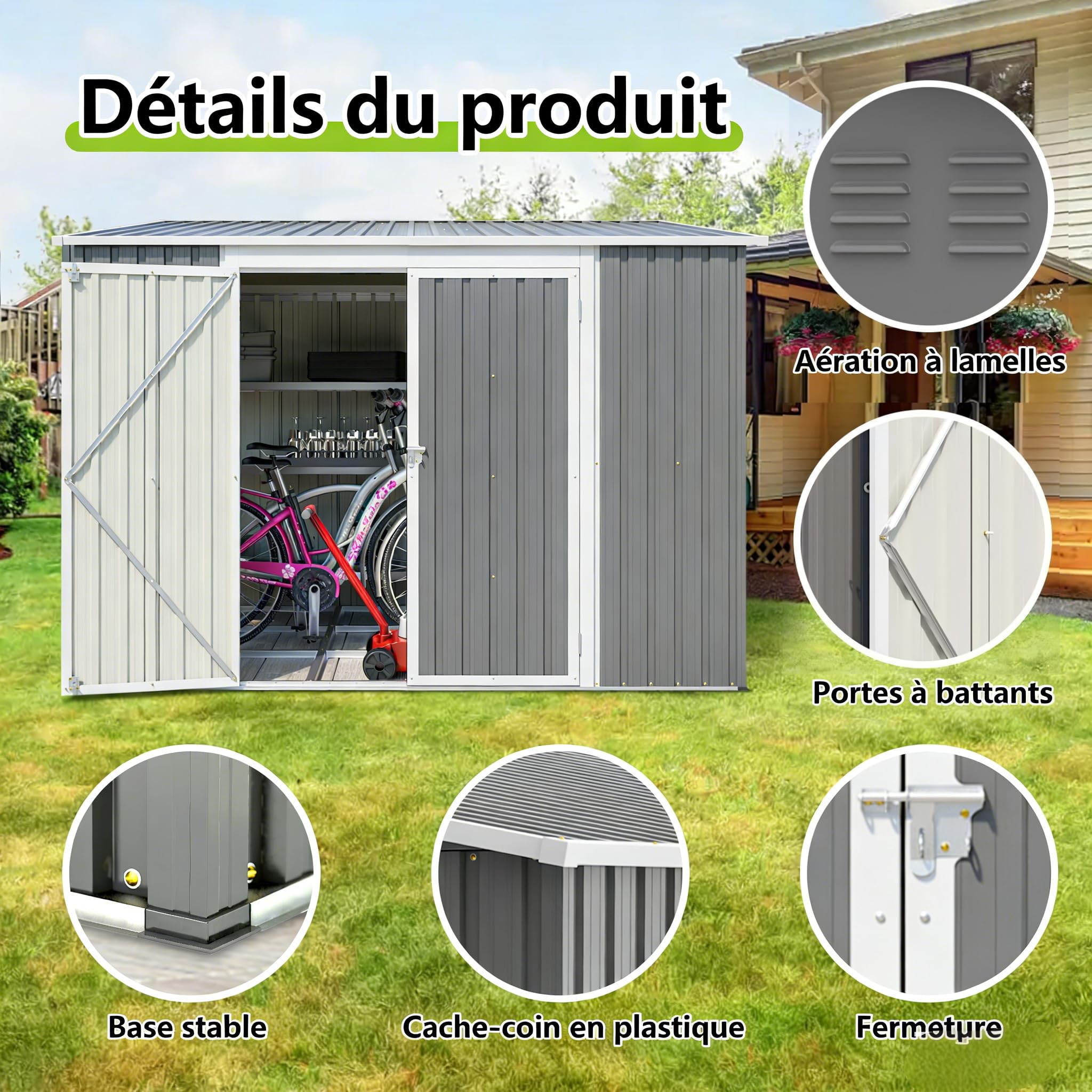 Metall-Geräteschuppen 1,8x2,4m mit Boden, Doppeltür, wasserfest, Garten
