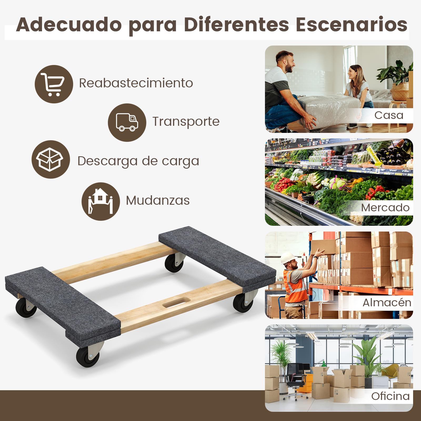 GYMAX Plataforma con Ruedas, 77 x 47 cm, Tabla de Ruedas de Madera de Acacia con 4 Ruedas Universales y Asa, Carga de hasta 450 kg, Tablero de Carro para Aparatos y Muebles con Cargas Pesadas