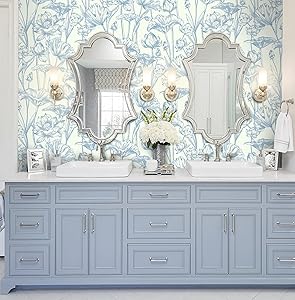 Vinjiasin Peel and Stick Wallpaper Blue Floral Contact Paper Modern Lotus Wall Paper for Bathroom Bedroom Self Adhesive Removable Flower Leaf 16.1"x 78.7"