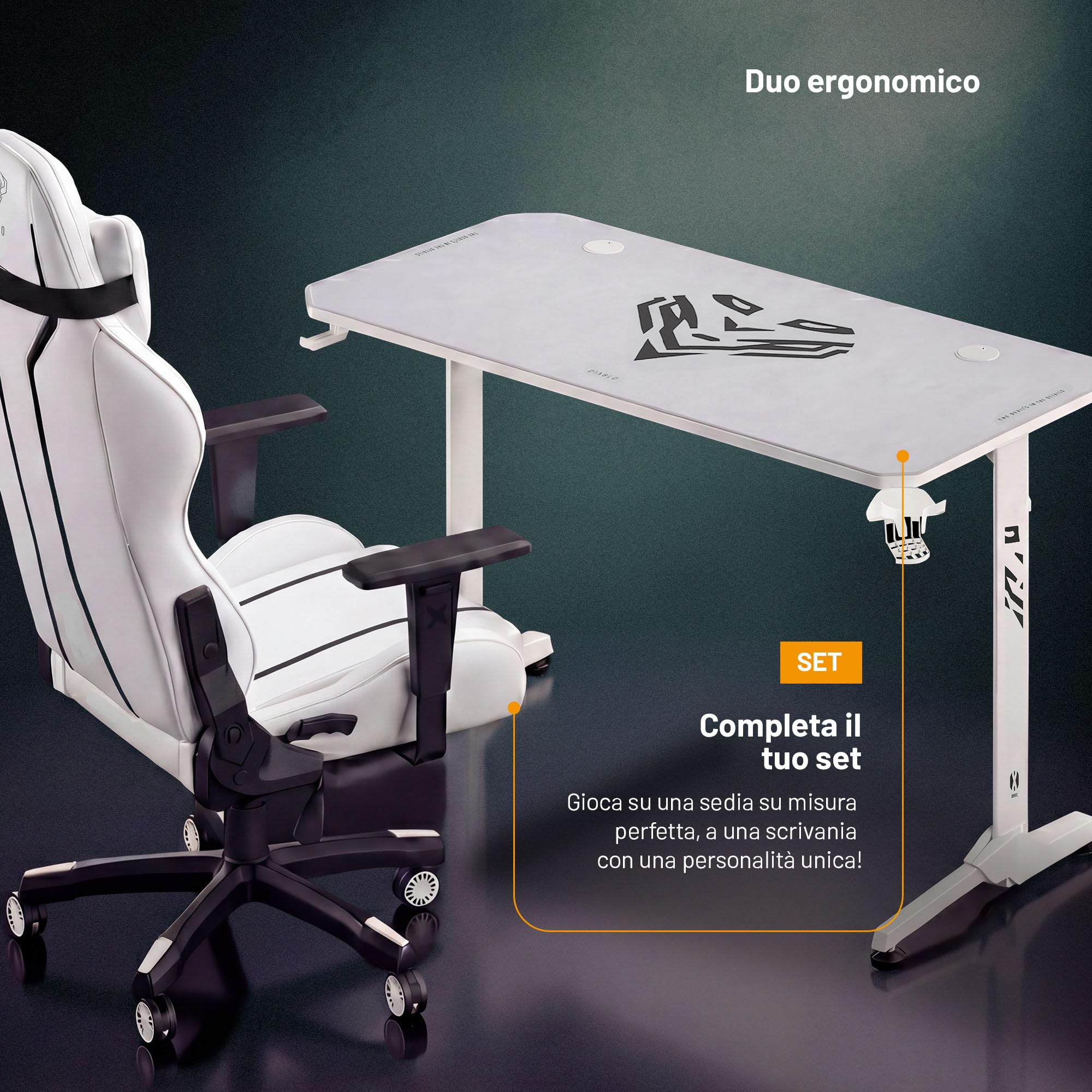 DIABLO Scrivania Gaming grande scrivania gamer stabile tavolo PC con gestione cavi tappetino supporto cuffie porta bicchiere scrivania computer ergonomica robusta setup 140 cm x 60 cm x 75 cm