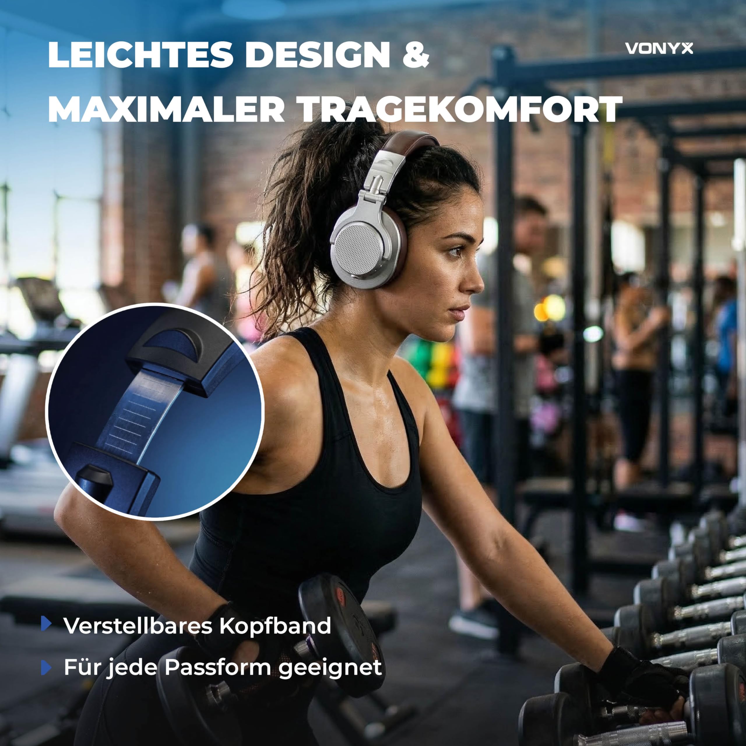 Vonyx HDX120WSN - Over Ear Kopfhörer Bluetooth, 75 Std. Akku, 40mm Treiber - Tiefer Bass, Studio Kopfhörer Kabellos - 3,5/6,3mm Klinke – Faltbar & Drehbar, Bluetooth Headphones mit Tasche - Alu/Braun