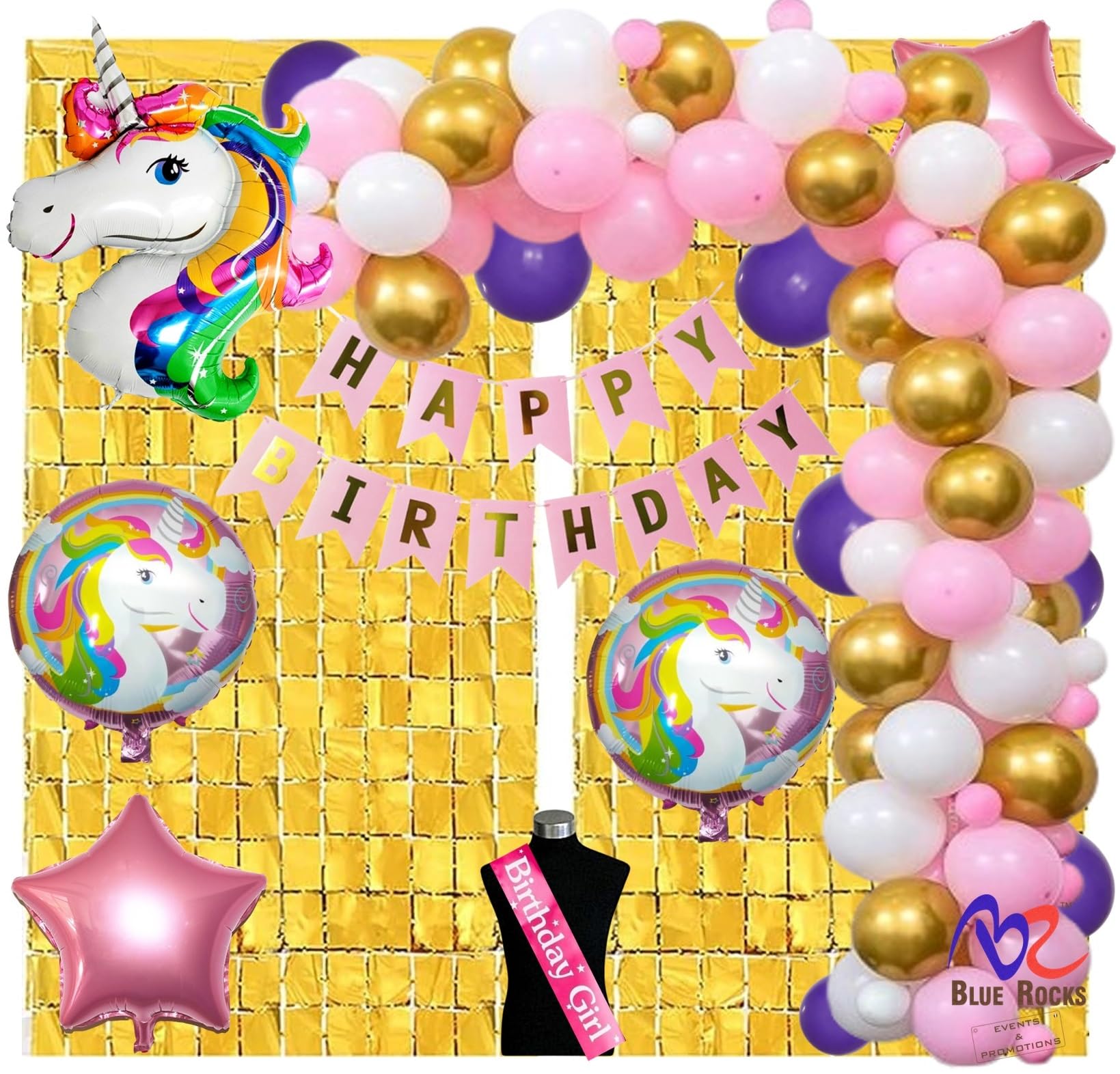 Blue Rocks Unicorn Theme Birthday Decorations Items Combo Set- 67 Pcs for Baby Kids Girls, Unicorn Foil Balloons, Golden Square Foil Curtains, Birthday Girl Sash, Chrome Balloons