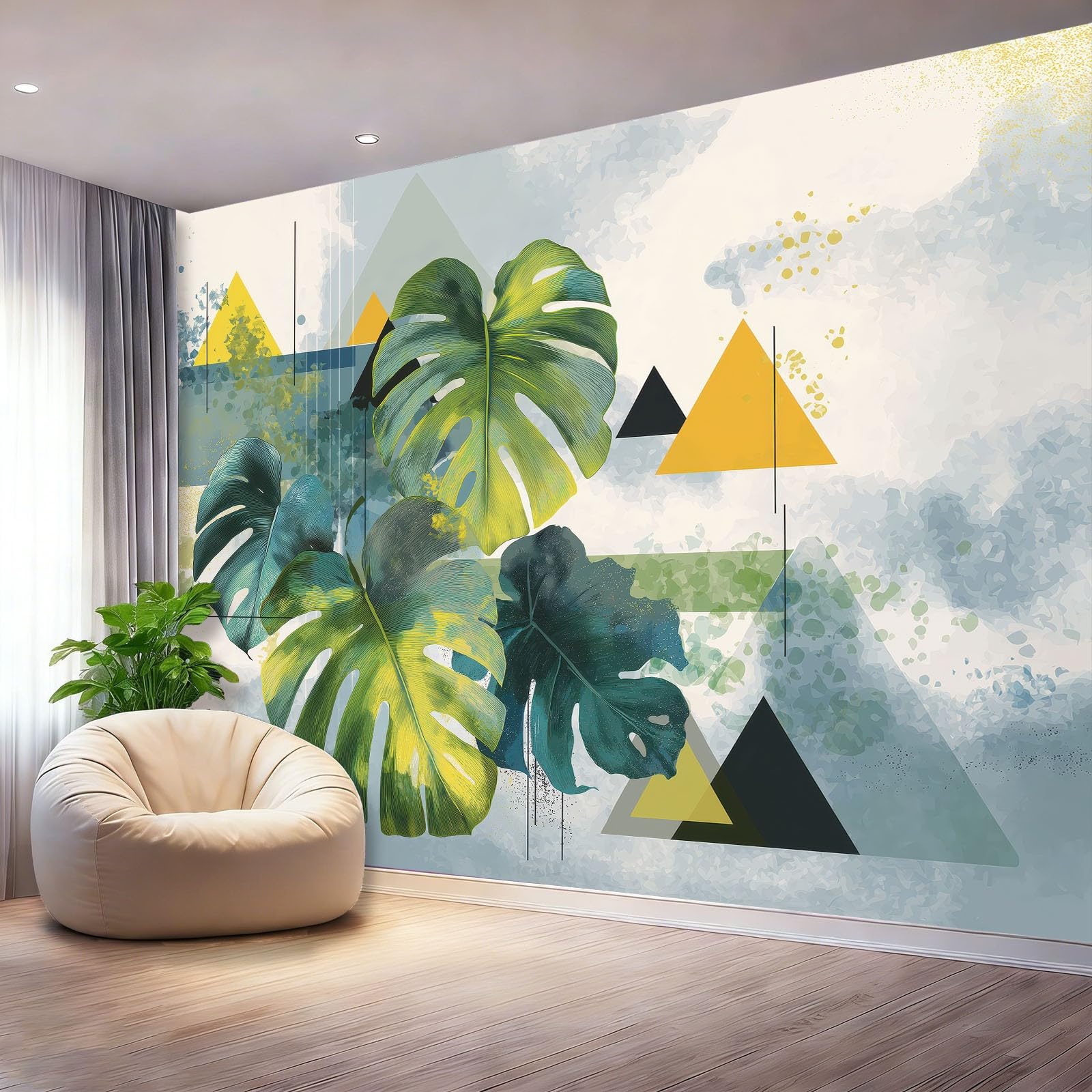 Tapeta nowoczesna ręcznie rysowana liść palmowy geometryczne murale ścienne fototapeta, zielona dekoracja ścienna do salonu sypialni pokoju dziecięcego dekoracja domu, 350 x 256 cm