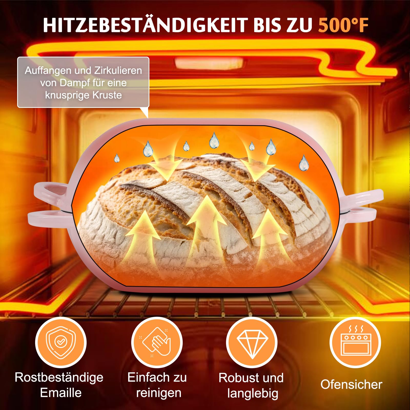 Gusseisen Brotbackform mit Deckel, 23 cm Emaille Gusseisen Topf Brot Backen, Bräter mit Deckel 2,75 L, Idealer Brottopf, Brotbacktopf, Backofengeeignet (Farbverlauf Rosa)