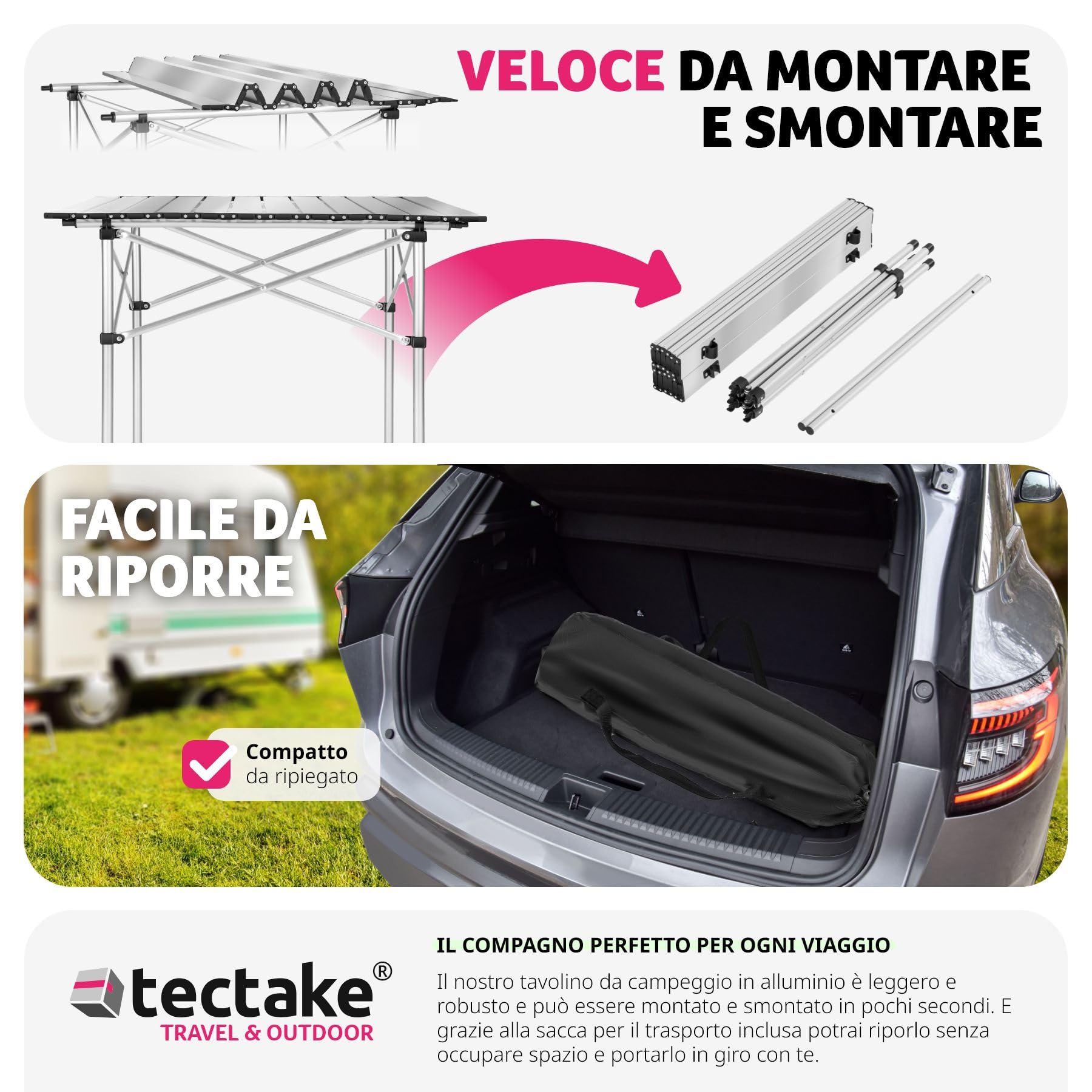 tectake® Tavolo da Campeggio Pieghevole, Telaio in Alluminio, Tavolo Salvaspazio con Pratica Borsa da Trasporto, Resistente alle Intemperie, 70x70x70 cm - Grigio