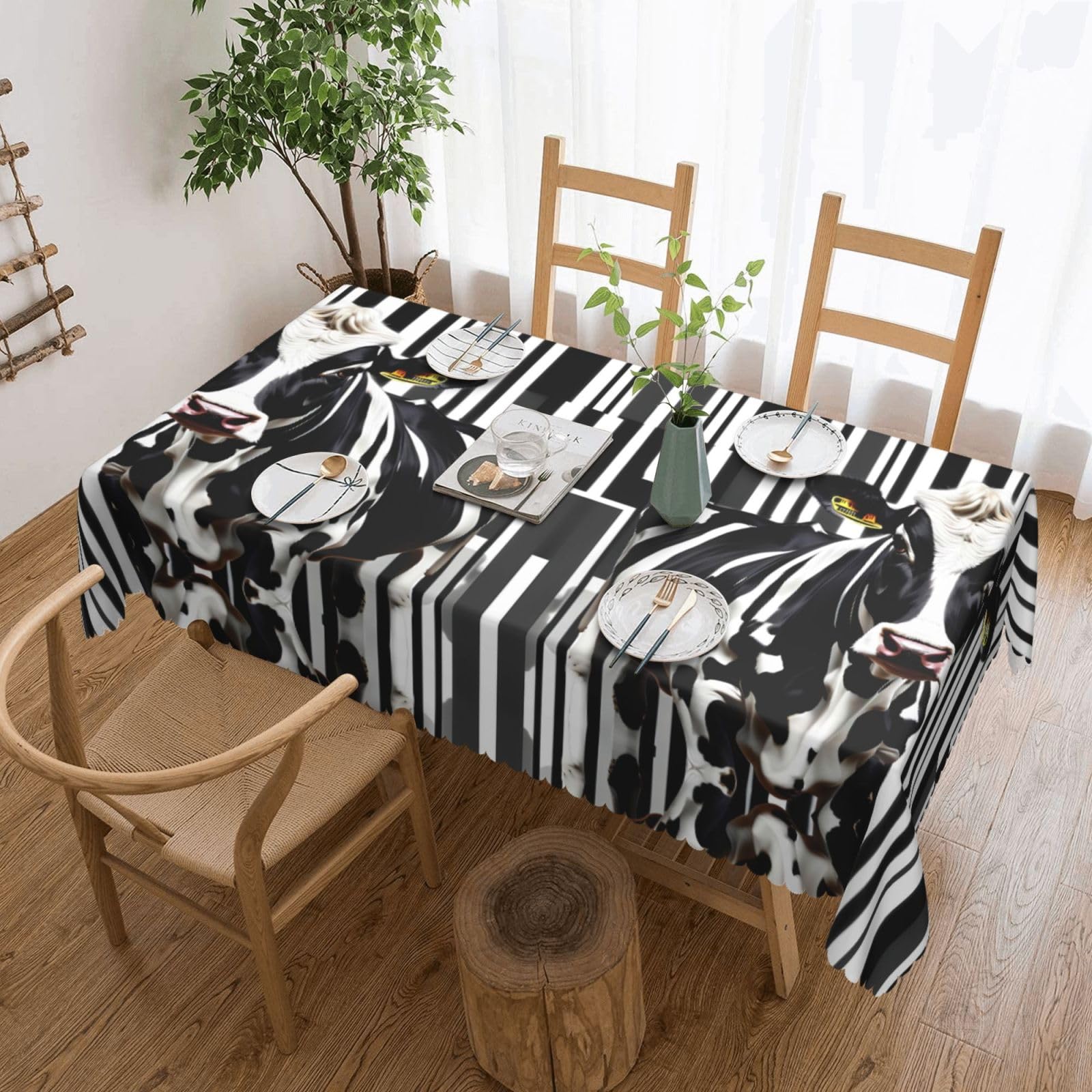 Nappe rectangulaire imprimé vache laitière noire et blanche pour table de repas