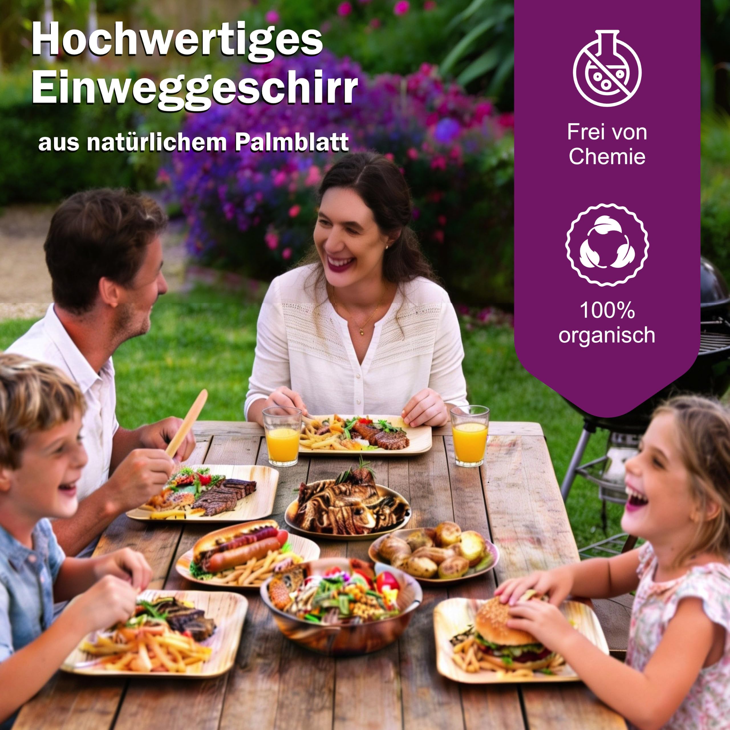 Bio Palmblatt Geschirr mit Holzbesteck - je 200 große Teller, Messer und Gabeln - Premium Einweggeschirr Set kompostierbar - ähnl. Einweg Bambusteller