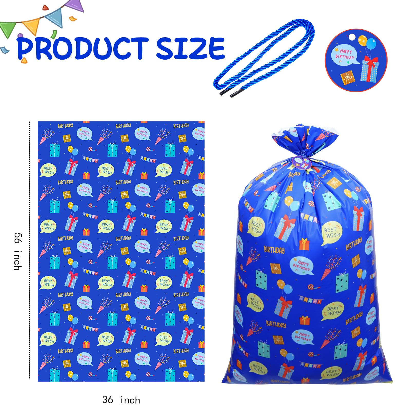 Plauthus 56” Jumbo Plastic Gift Bag, Extra Lager Birthday Gift Bag for Giant Gift (Patterns of Gift Boxes and Greeting Words) for Kids, Boys Teens Birthday (Boy-Blue)