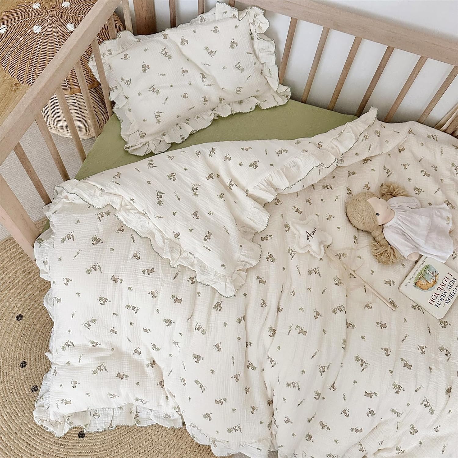 AOJIM Baby Kids Muslin Duvet Cover with Grey Rabbit, 1pc Pure Cotton Kids Bedding Comforter Cover 2-Layer Gauze 47X59'', Ruffled Design Baby Duvet Protector for Girls Boys, No Quilt or Pillowcases