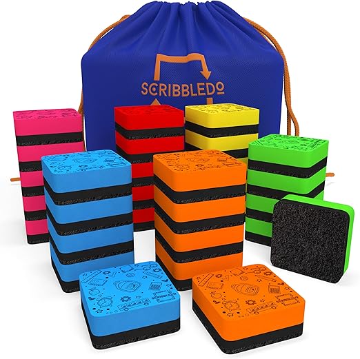 Scribbledo 30 Pack Dry Erase Erasers Assorted Colors Magnetic Whiteboard Erasers for Kids and Students - Smudge Free Small Dry Erase Board Erasers for Classroom Home School and Office