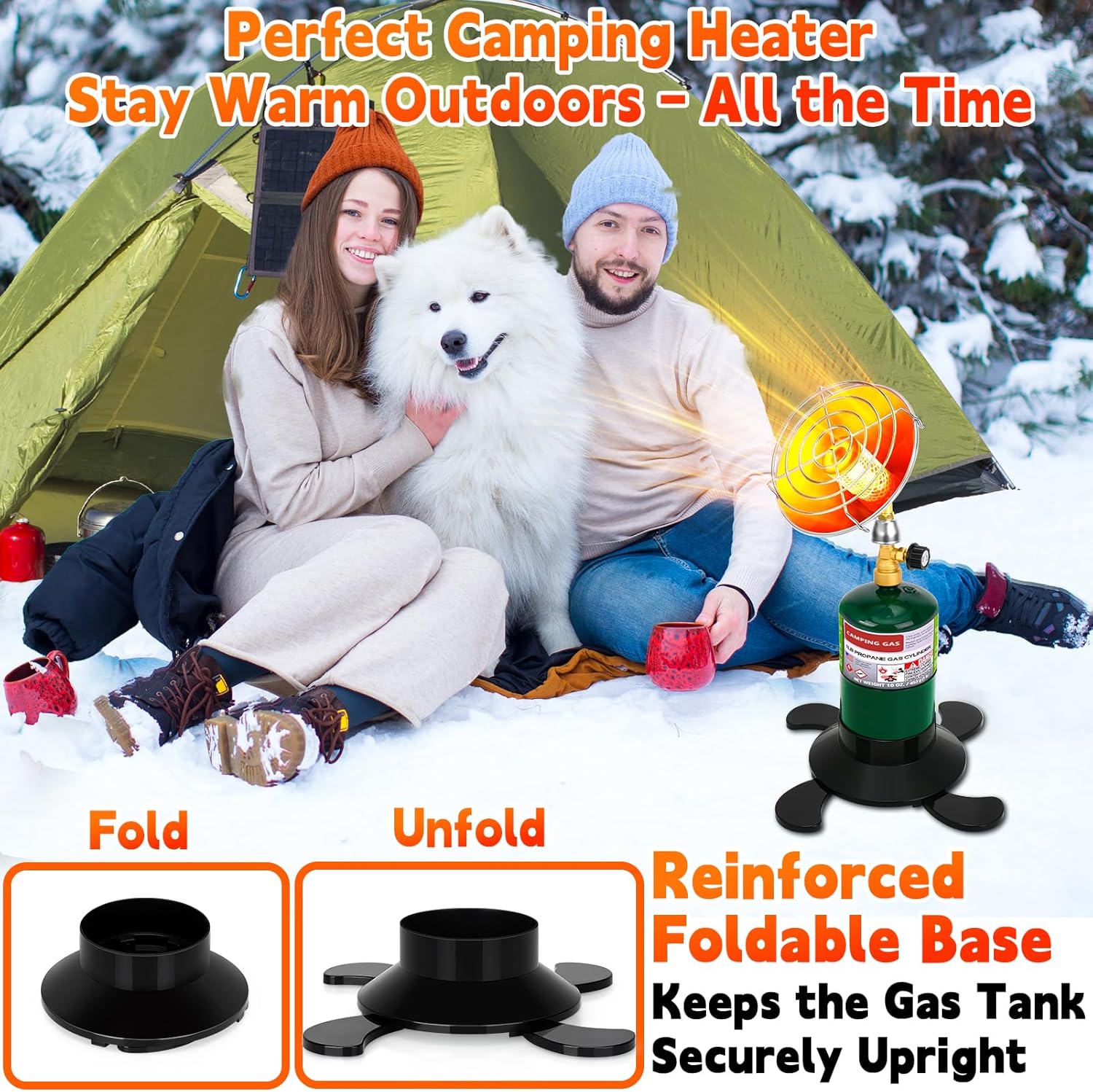 Portable Propane Heater for Camping, Outdoor Small Space Patio Heater with Control Valve, Radiant Cordless Tent Heaters with Foldable Gas Tank Holder for Hiking Ice Fishing Hunting Backyard