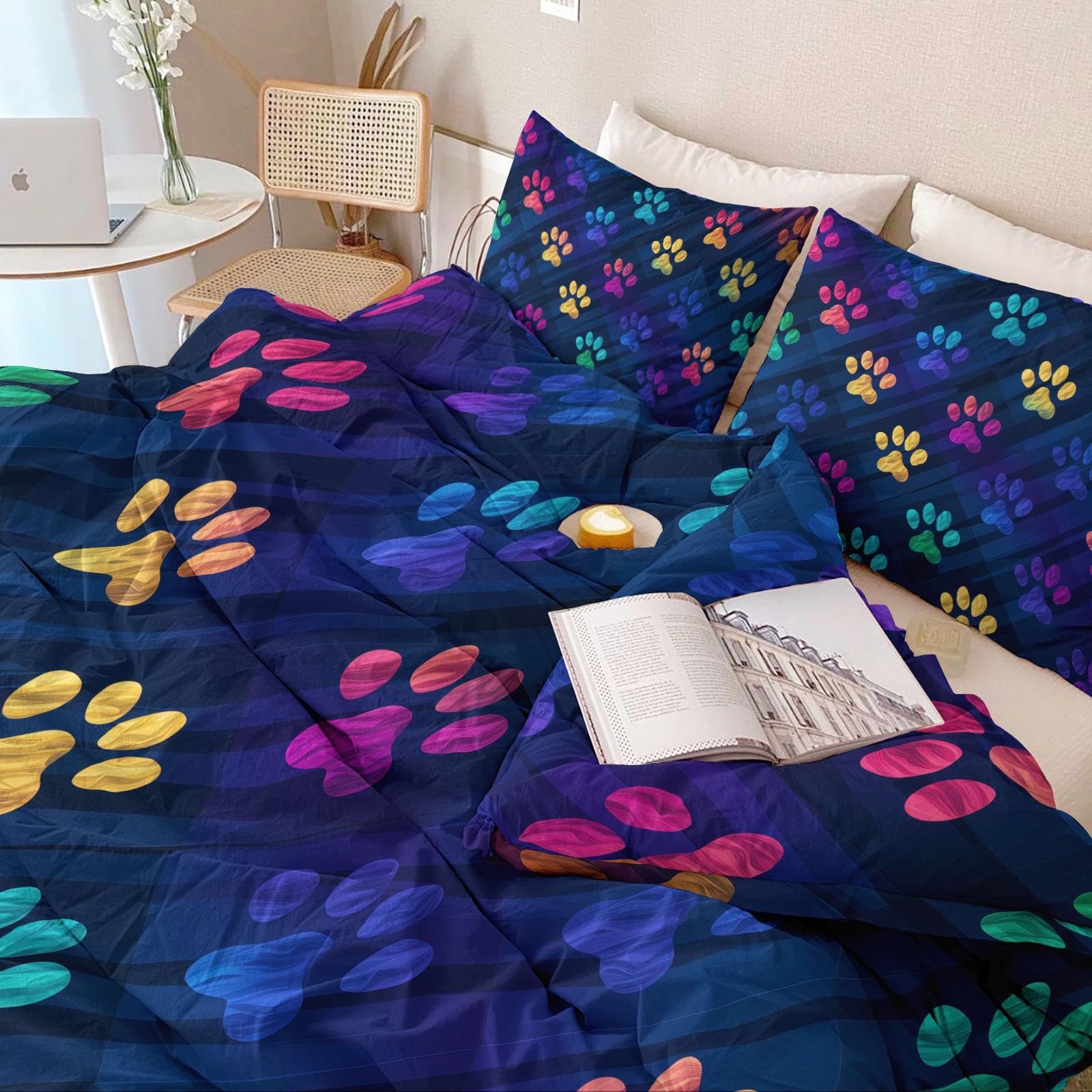 Generico Odwracalny zestaw pościeli 260 x 240 cm – miękka mikrofibra z nadrukiem z kreskówki w kształcie łapy diamentu, zapięcie na zamek błyskawiczny, 3 sztuki z 2 niebieskimi poszewkami na poduszki