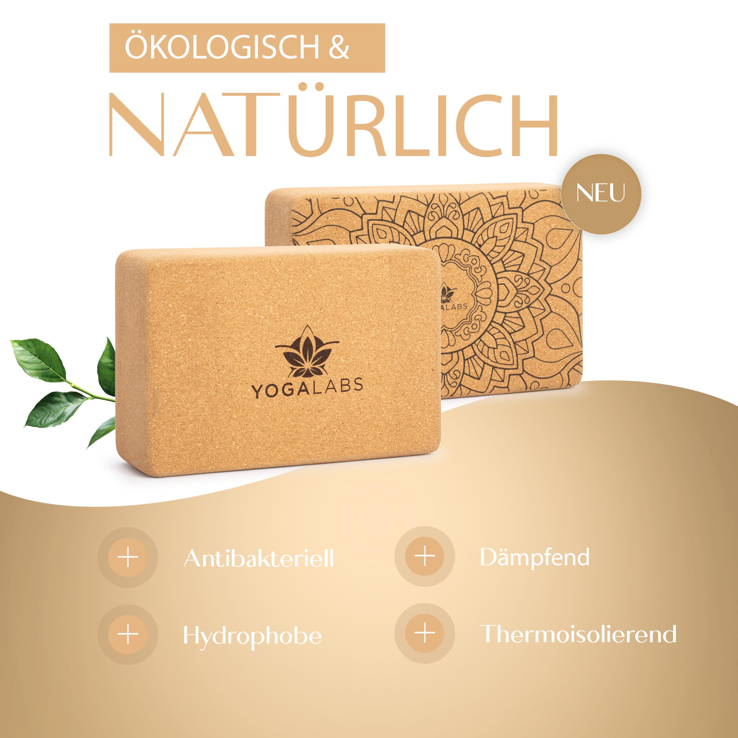 Premium Yoga Block (22,5x15,0x7,5) aus nachhaltigem Natur-Kork hautfreundlich - Yogablock & Meditation Zubehör für Rücken, Streching & Sitzen rutschfest - Yoga-Blöcke schadstofffrei