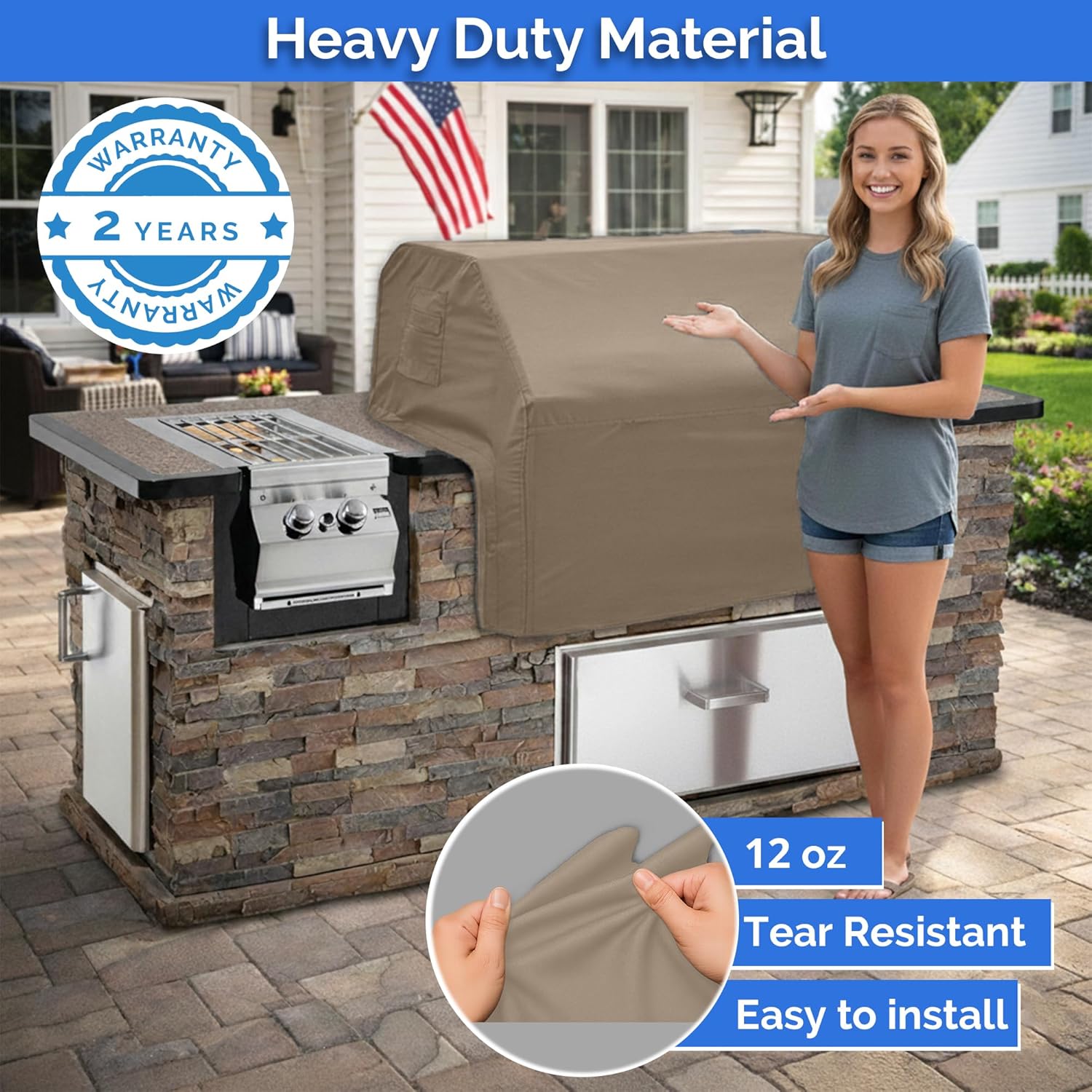 Covers & All Built-in Grill Cover for Outdoor Grill – Heavy Duty 12 oz Waterproof Built-in BBQ Grill Cover, PVC-Coated Polyester with Elastic Hem for Snug Fit (36 x 26 x 24 inches, Beige)