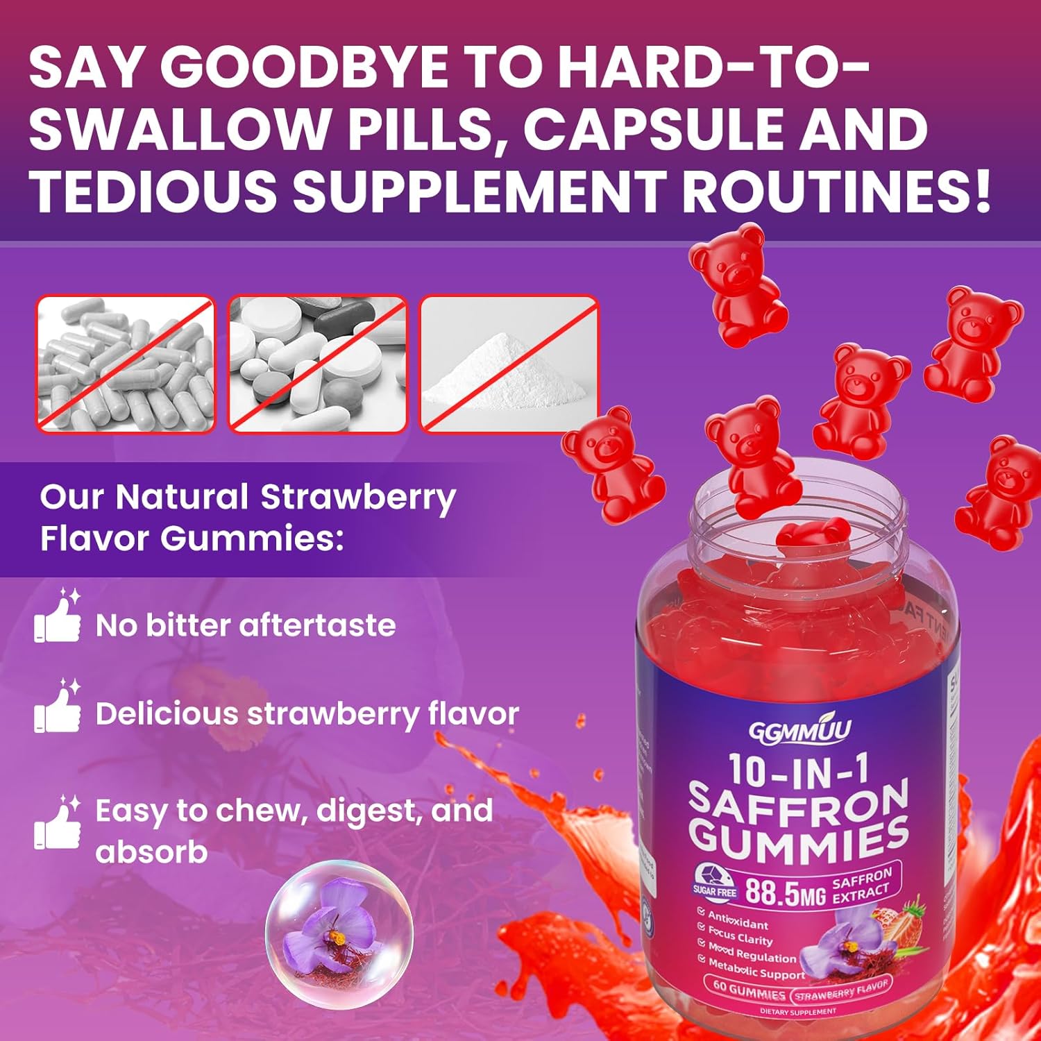 Saffron Supplement Gummies, 10-in-1 Cortisol Supplement with Saffron 88.5mg, Magnesium, Rhodiola Rosea, Ashwagandha, L-Theanine, St. John's Wort, for Zzz, Calm, Focus & Relaxation, 60 Count - Image 6