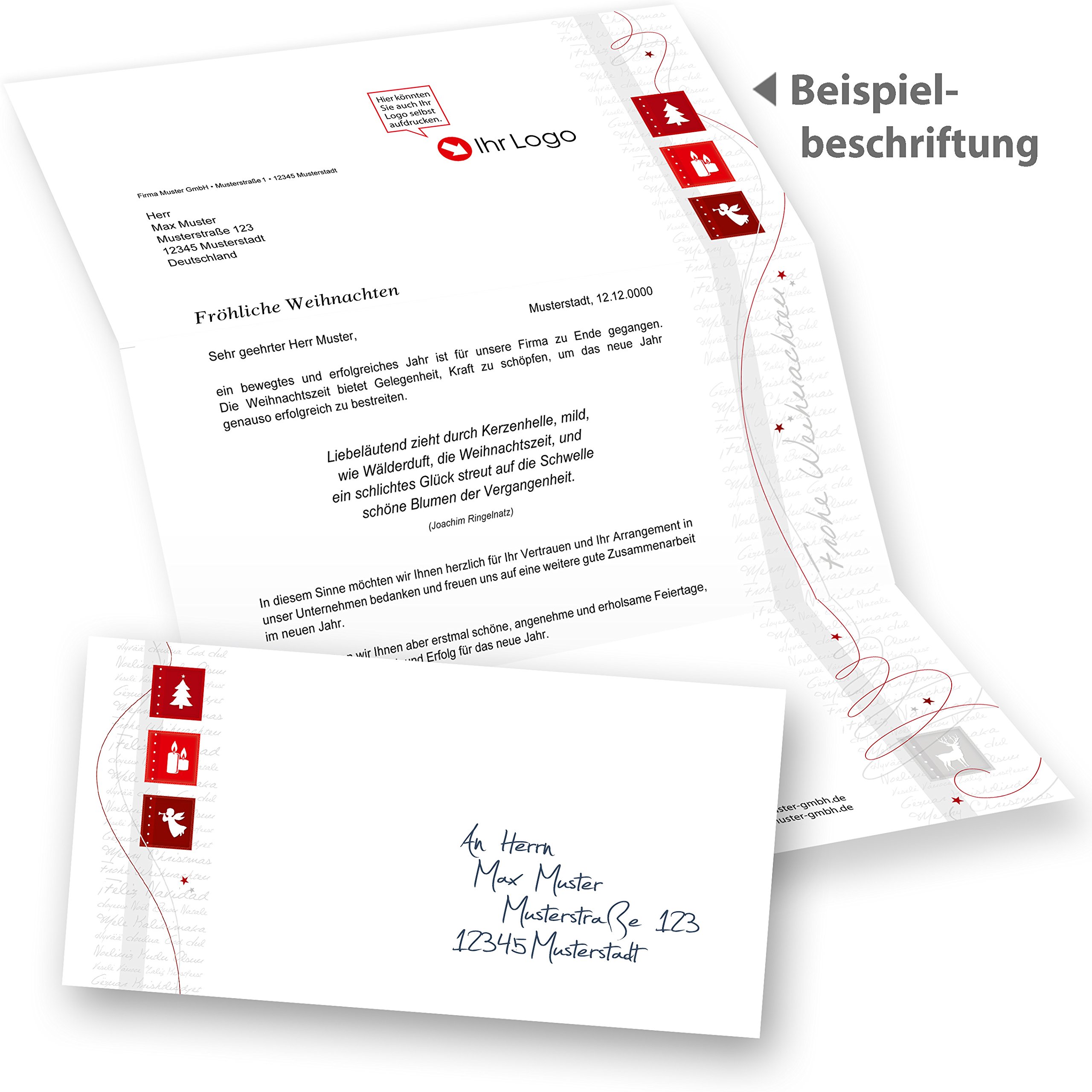 Red Modern Art Lot de 100 feuilles de papier à lettre de Noël avec enveloppes sans fenêtre pour clients professionnels