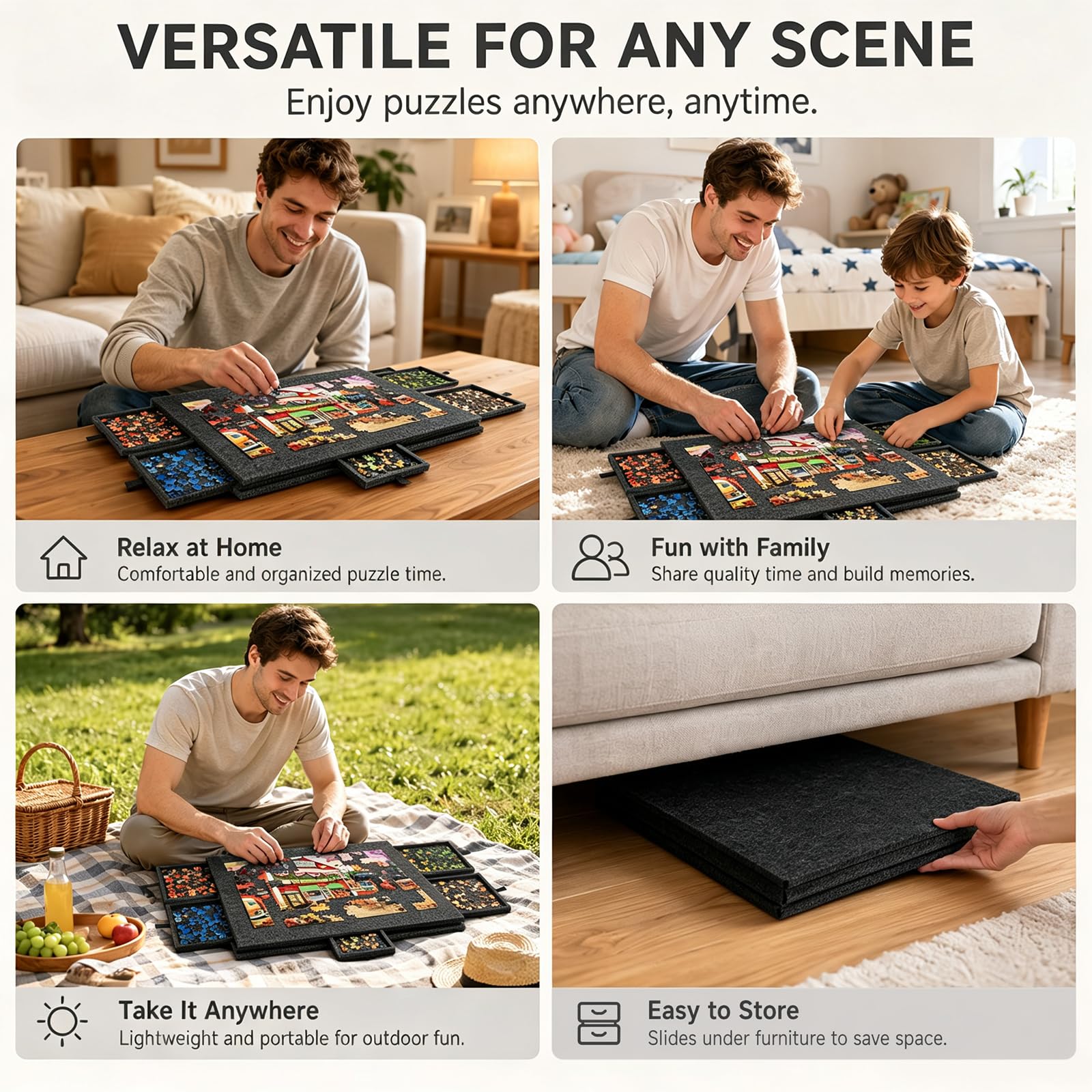 Puzzle 2 en 1 para 1000 piezas, mesa de rompecabezas plegable de fieltro con 6 cajones, carpeta portátil para guardar puzles (negro puro)