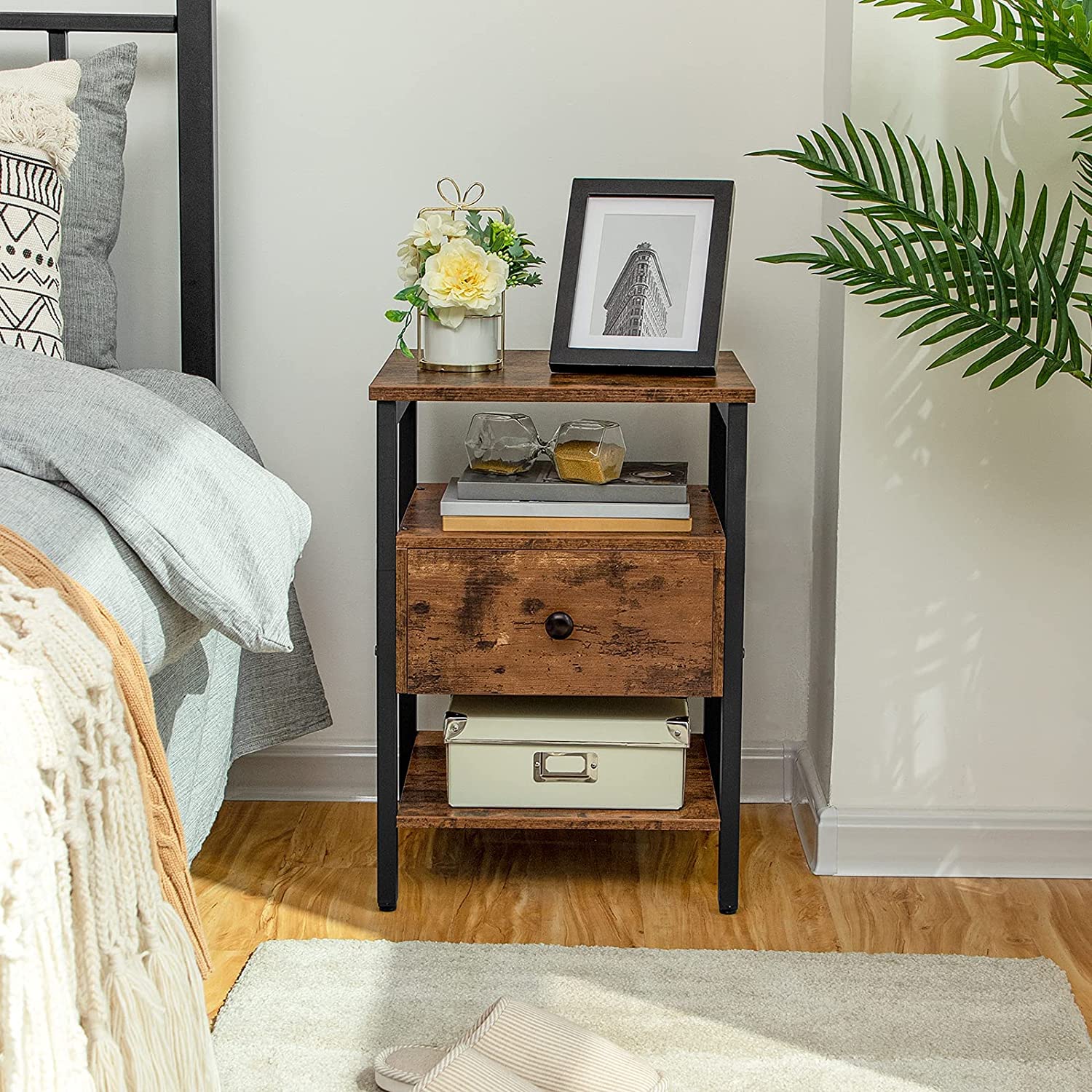 HOOBRO Bedside Table, Rustic Side Table with Drawer and Shelf, Storage