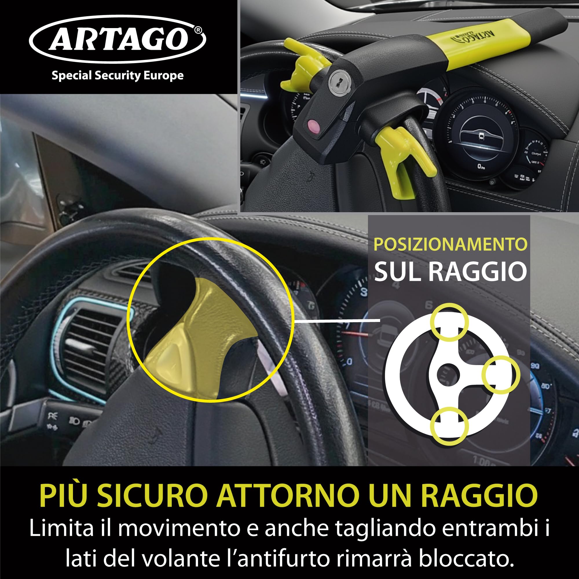 ARTAGO 870 Antifurto Auto Alta Gamma, Blocca Sterzo 2en1, Allarme Intelligente 120dB LED Notte, Bloccasterzo Meccanico Sonoro