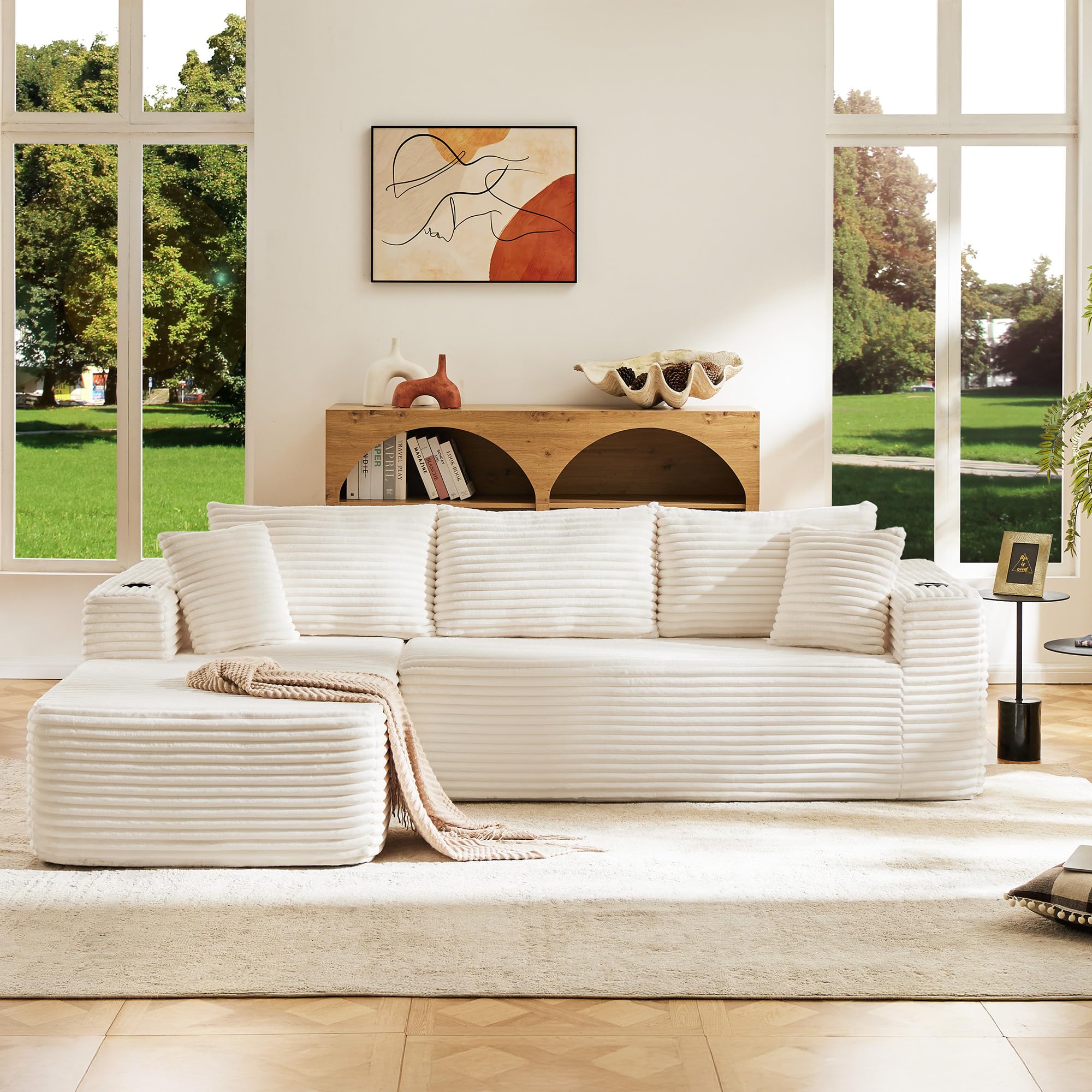 Modular Compressed Sectional Sofa Set Velvet Corduroy Upholstery Convertible Couch with Cup Holders and Pillows for Living Room