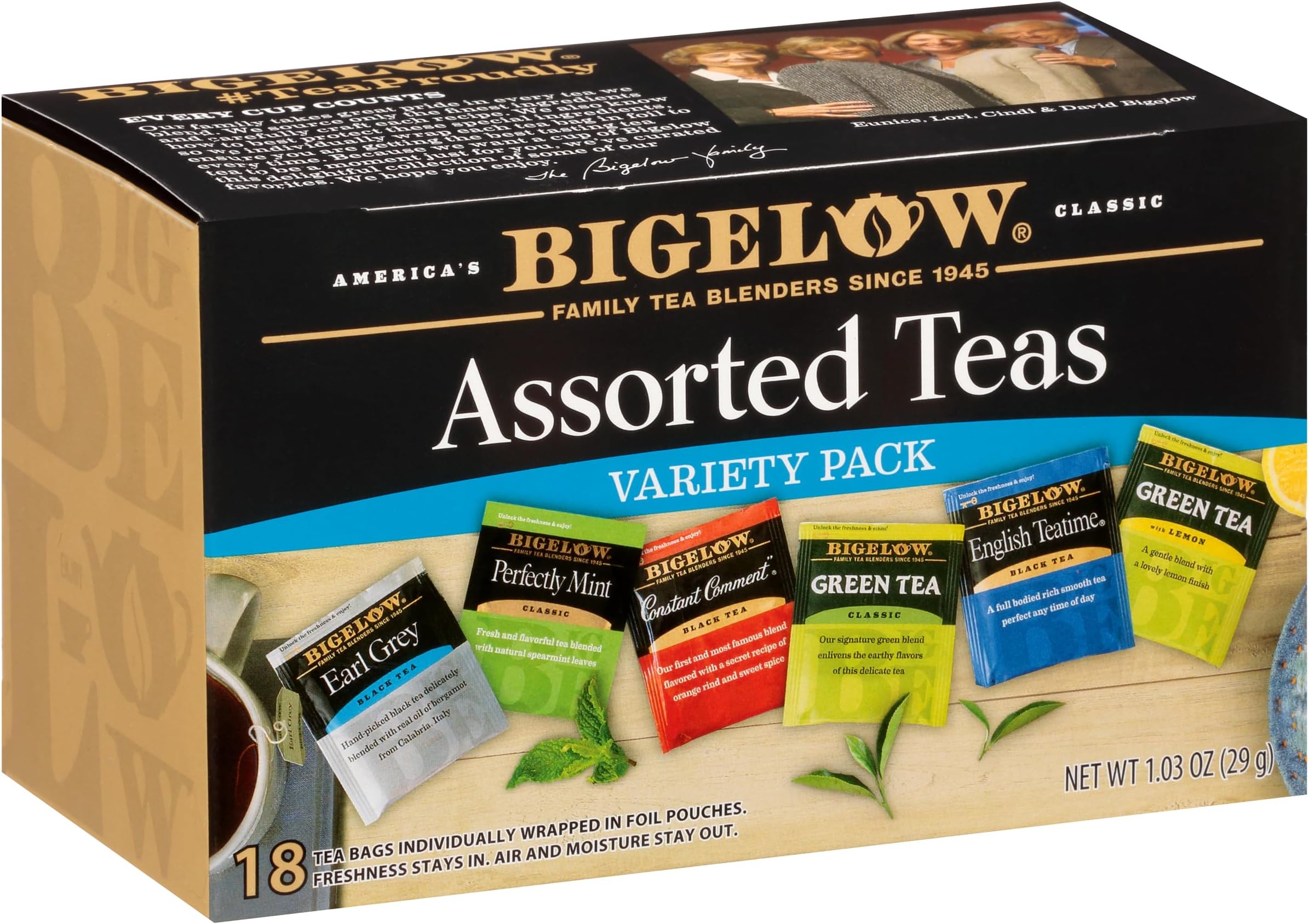 Bigelow Tea Assorted Black Tea and Green Teas Variety Pack, Caffeinated Tea with Black and Green Tea Varieties, 18 Count Box (Pack of 6), 108 Total Tea Bags (Packaging and Flavor Assortment May Vary)