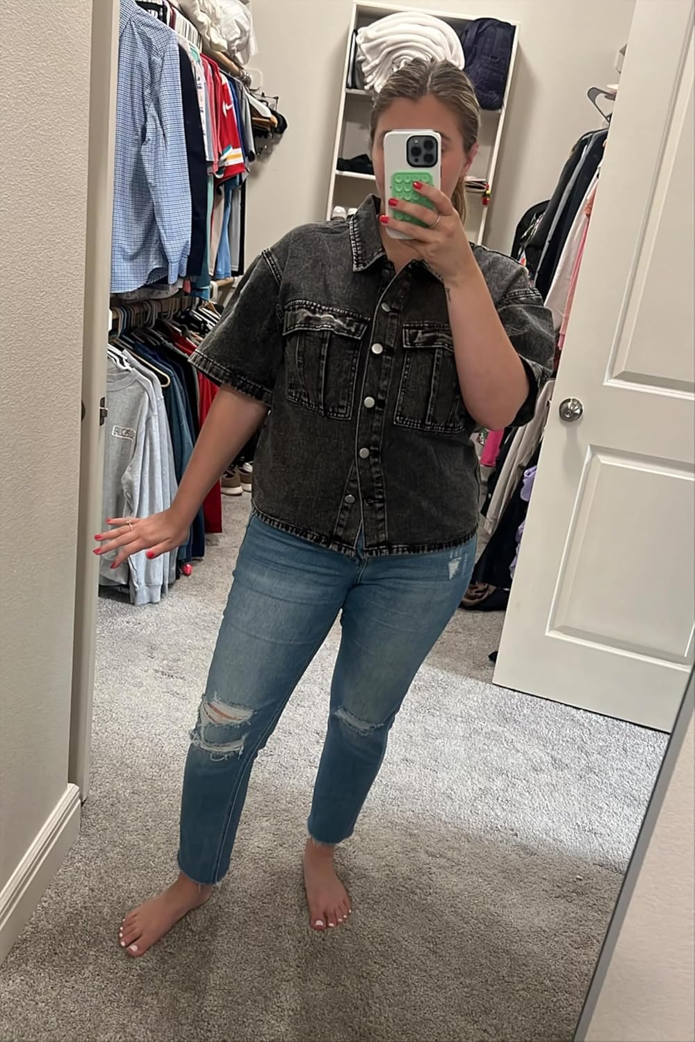 Imily Bela Womens Oversized Short Sleeve Denim Jackets Trendy Cropped Jean Tops Shackets - Image 4