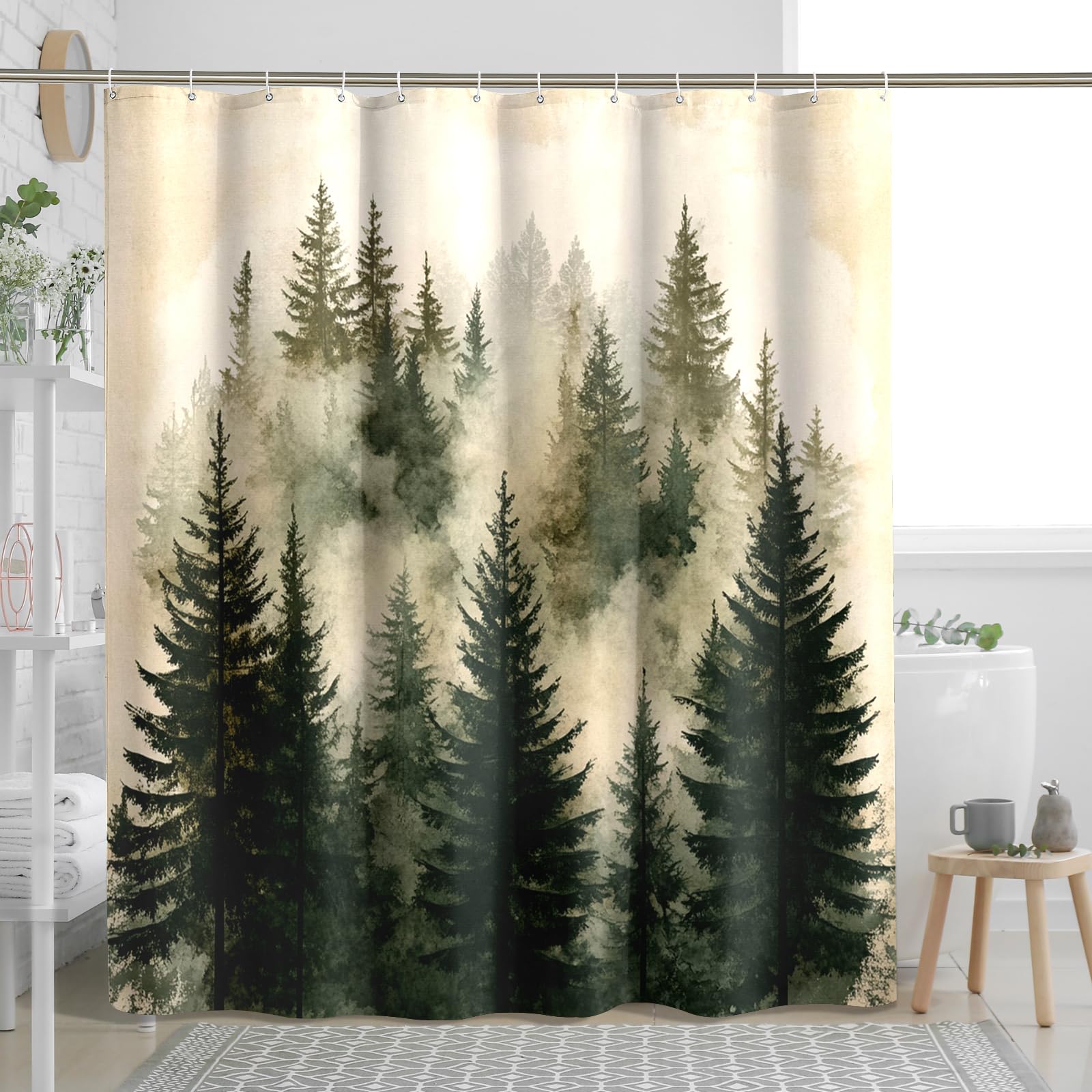 Ensemble de rideau de douche motif forêt aquarelle - Rideau de douche paysage d'arbre naturel - Accessoires de salle de bain brumeux - Motif imprimé décoratif - 183 cm