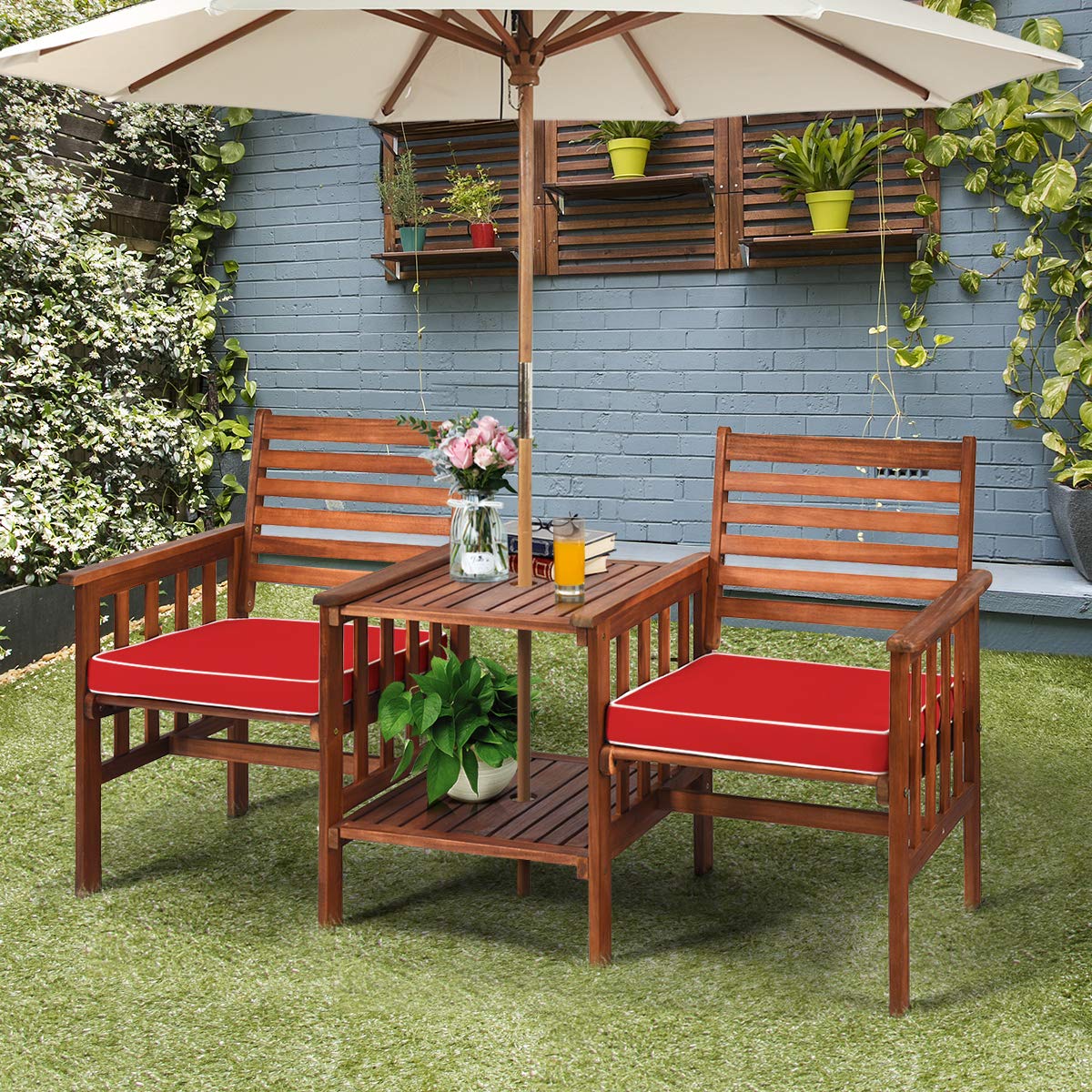 GIANTEX Gartenbank Holz mit Tisch, Holzbank Outdoor 2 Sitzer mit Kissen, Sitzbank Garten mit Schirmloch, Friesenbank Kinobank bis 350 kg belastbar, Terrassenbank für Balkon Terrasse 165 x 65 x 88 cm
