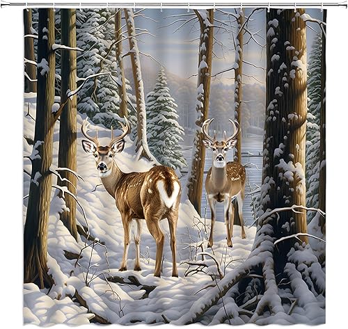 Miniatura 2 de Cortina de ducha de bosque de invierno, ciervo, alce, rústico, bosque de pinos, animales salvajes, nieve, naturaleza, paisaje, Navidad, vacaciones,