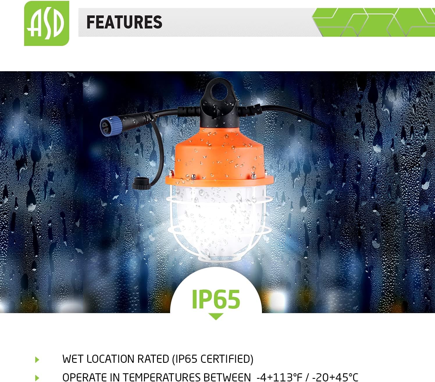 ASD LED Temporary String Work Light Fixture 100W=300W Eq. IP65-WET Location 5000K (Daylight) 5 Portable Linkable Job Site Lights per Line Outdoor Commercial Industrial Construction ETL Listed