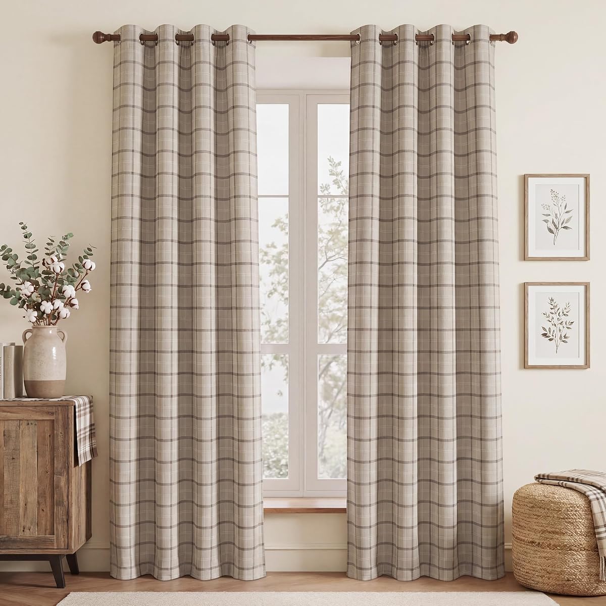 NICETOWN 100% Blackout Taupe Plaid Gingham Curtains 96 Inches Long 2 Panels | Thermal Insulated Grommet 52 Inches Wide Farmhouse Drapes for Living Room Bedroom Nursery, 52W x 96L