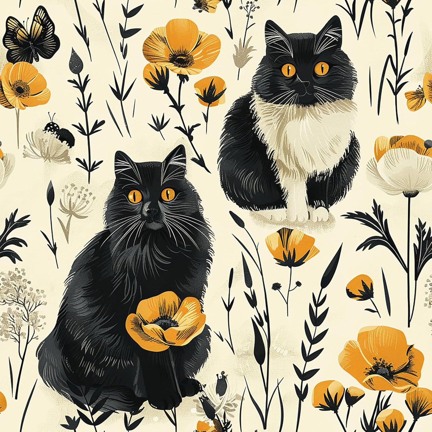 Livelynine 17.5x276 Cat Flower Wallpaper Peel and Stick Retro Beige Cream Black Gold Yellow Kitty Cats Cute Wallpapers for Bedroom Renter Friendly Whimsical Animal Floral Contact Paper for Drawers
