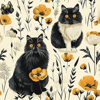 Livelynine Cat Floral Peel and Stick Wallpaper Mustard Yellow and Black Cat and Flowers Self Adhesive Wallpaper for Bathroom Walls Cute Kitten Cats Removable Funny Contact Paper for Cabinets 17.5x78.8