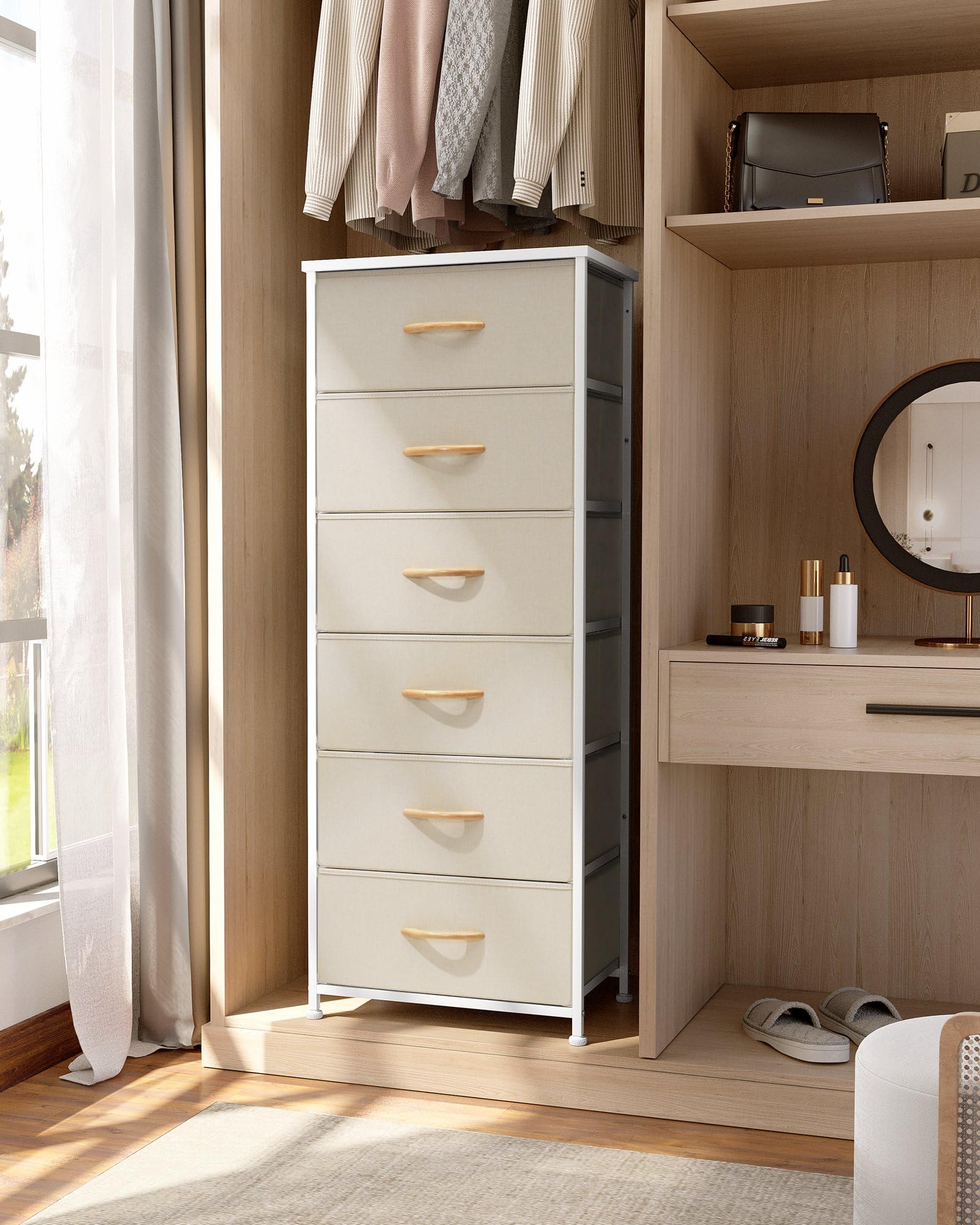 Tall 6-Drawer Fabric Dresser Tower for Closet, Vertical Storage, Beige | Sturdy Steel Frame, Wood Top and Easy Pull Fabric Bins Handles
