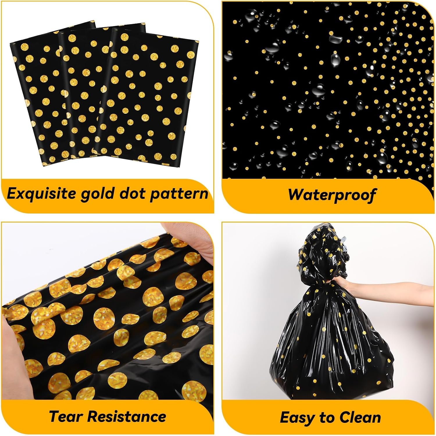 Newwiee 12 Pcs Round Dot Tablecloth 84 Inch Plastic Table Cover Graduation Confetti Tablecloths for Grad Wedding Bridal Shower Birthday Spring Graduate Party Decor (Black and Gold Dots)