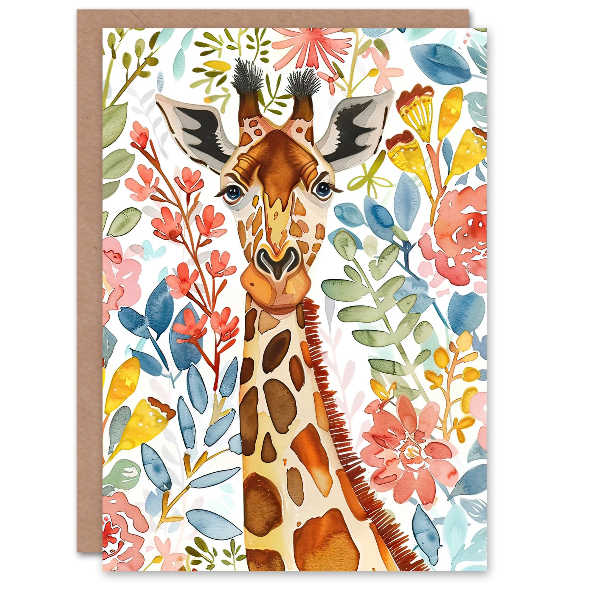 Artery8 - Greeting Card - Giraffe Watercolour Floral Portrait Birthday