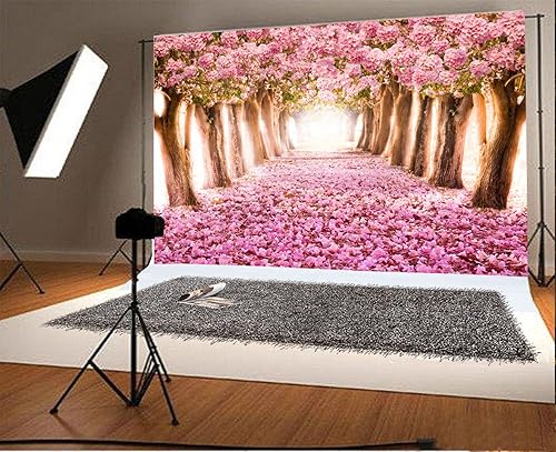 Miniatura 2 de AOFOTO Fondo de vinilo de flores de cerezo de primavera de 7 x 5 pies, diseño de flores rosadas, árbol de pétalos florales, boulevard, fotografía de