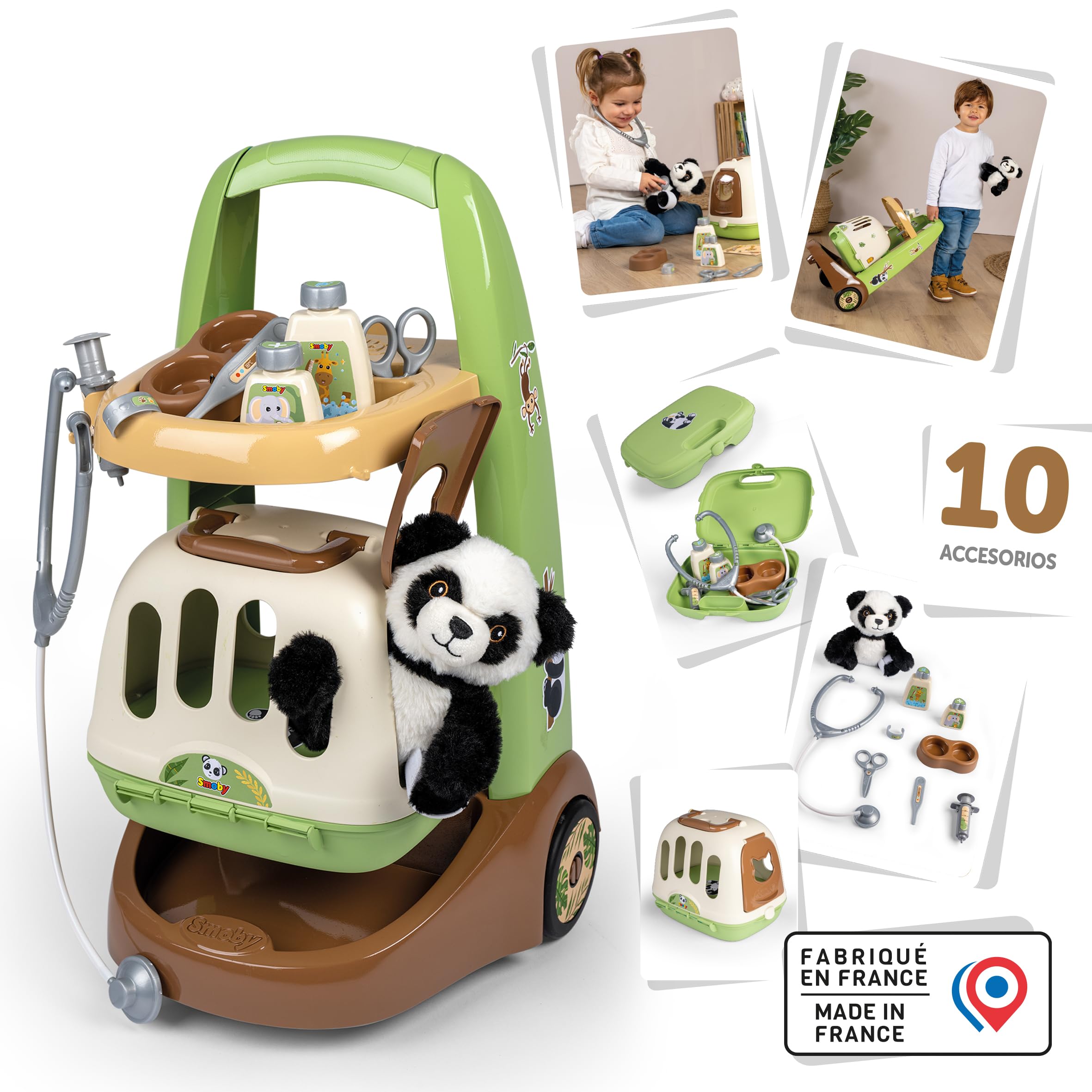 Smoby - Wózek weterynaryjny - 1 pluszowa panda + etui - 10 akcesoriów - strzykawka, para nożyczek, butelki i inne - od 3 lat - wyprodukowano we Francji
