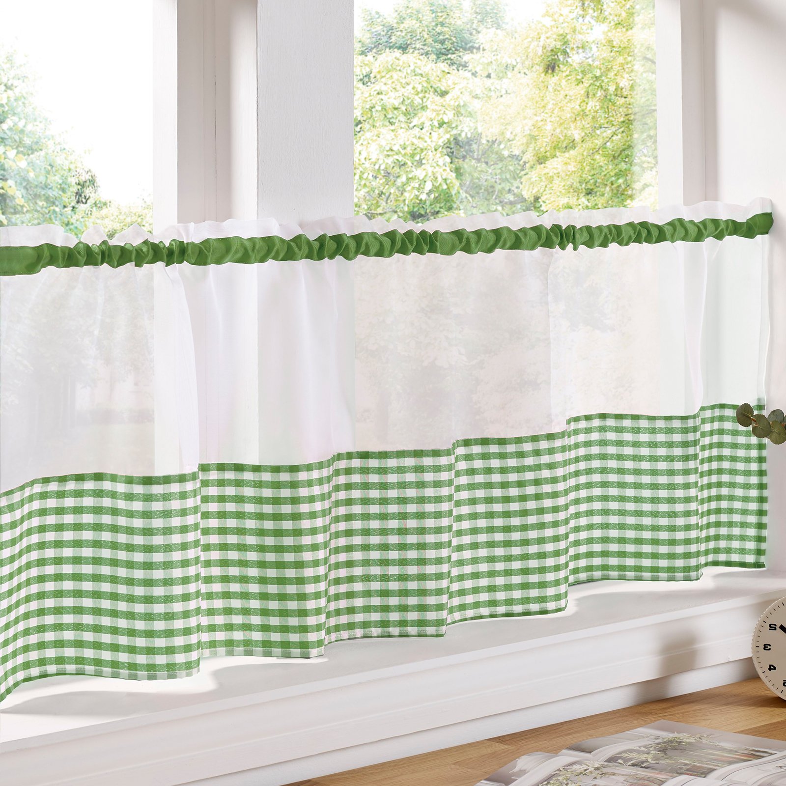 Just Contempo Gingham Café Green Traditional Café Curtain Panel With Gingham Checked Design, Green, 59X18 Inches