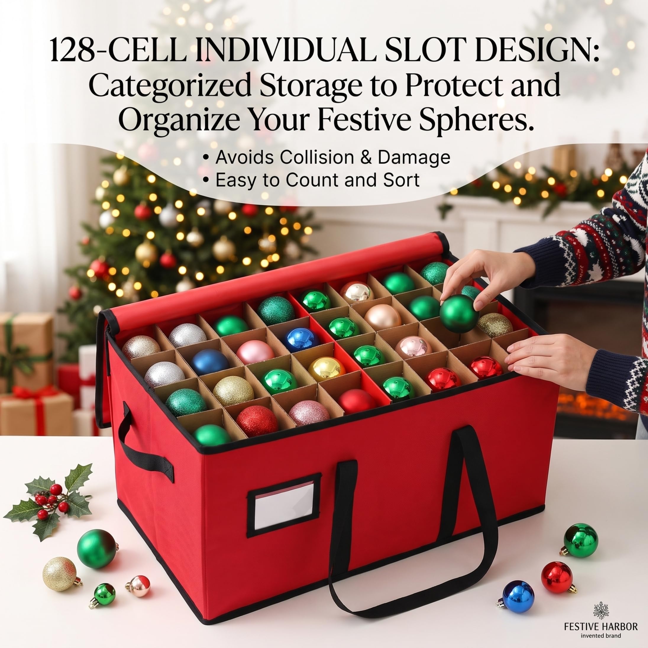 Organizador de adornos navideños con 128 compartimentos y asa, color rojo