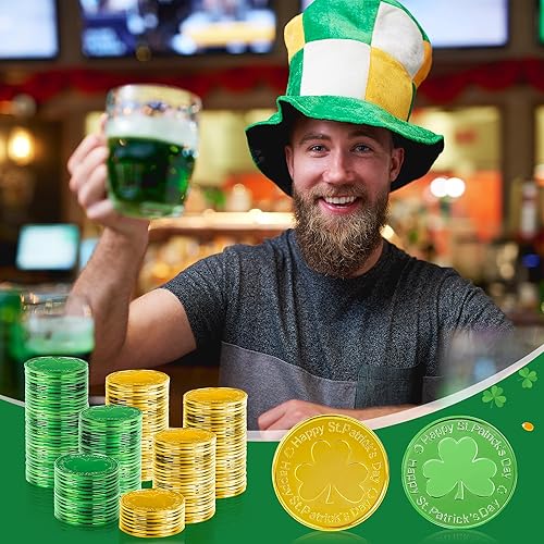 Miniatura 5 de OHOME Monedas de oro para el Día de San Patricio, 120 monedas de plástico de trébol verde y dorado, accesorios para el día de San Patricio,