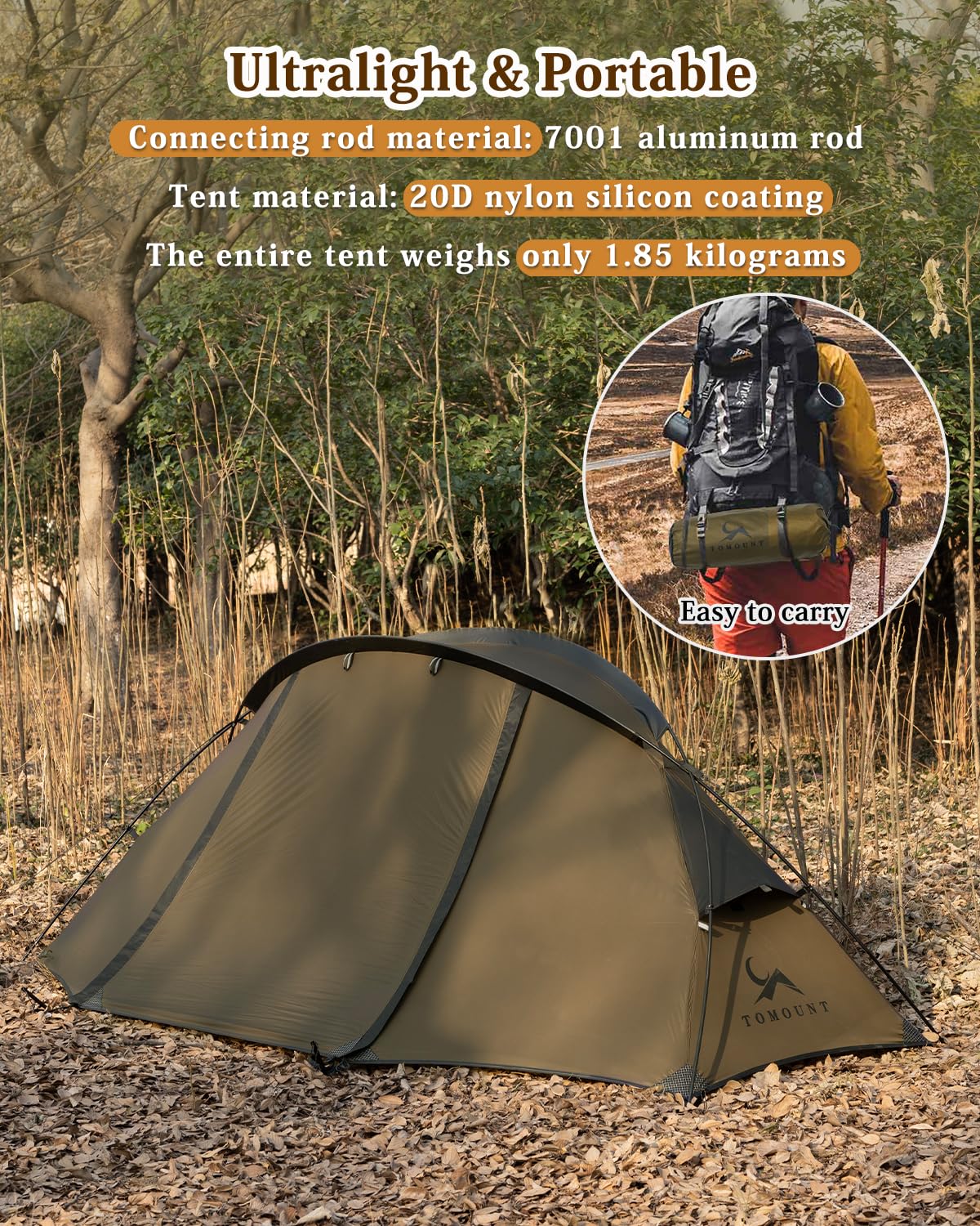 TOMOUNT Zelt Rucksackzelt 1-2 Mann Zelt Wasserdicht Ultraleicht Nylon 1,5kg-2kg für Wandern Camping Outdoor