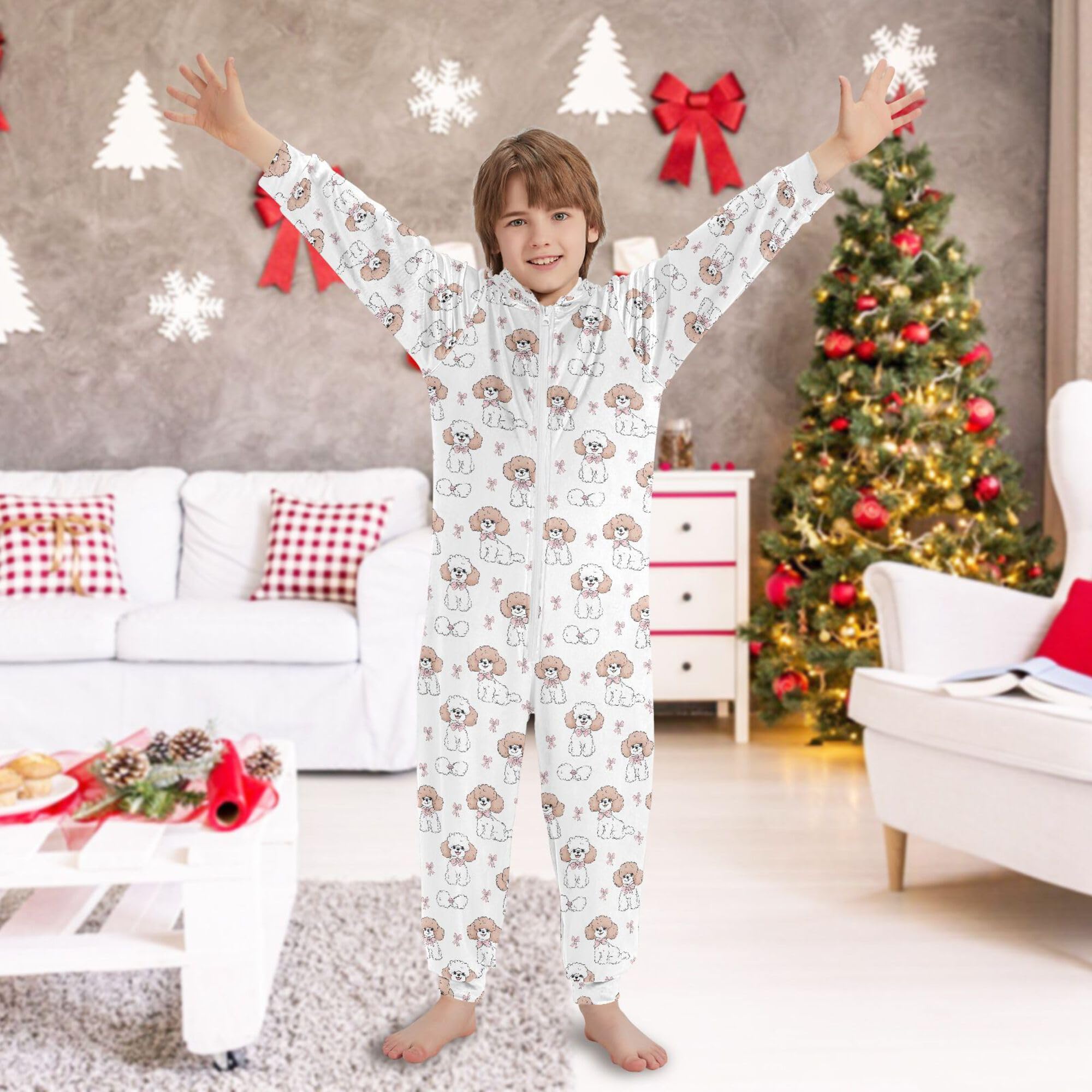 ALAZA Pigiama intero in flanella con cappuccio e cerniera, tuta coordinata per bambini, morbida e calda, abbigliamento sportivo per la casa, 5-6T