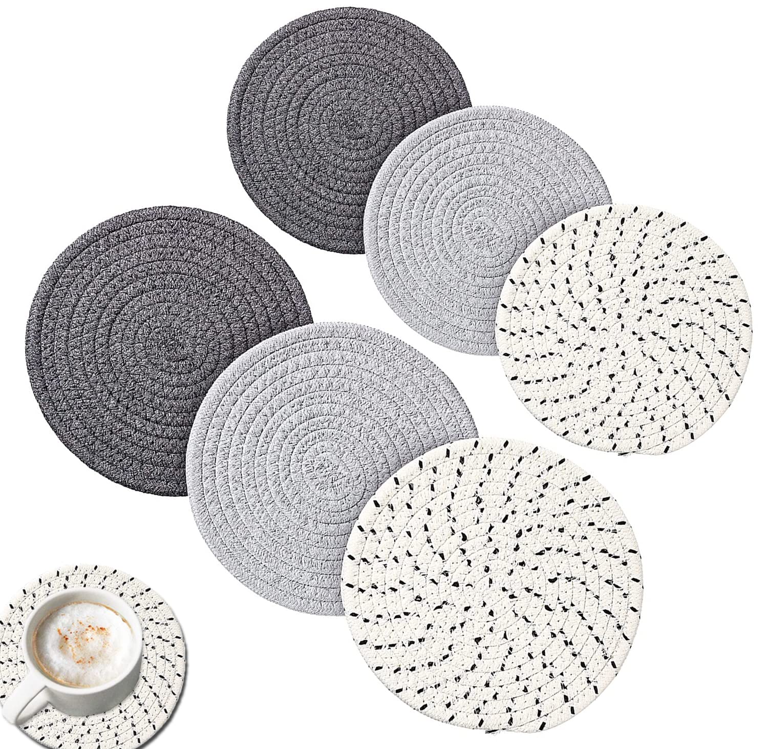 6 Pcs Pot Trivets Large Braided Woven Trivet Coaster, Cotton Thread Weave Cup Coaster Hot Pot Dish Trivet Pad Mat for Kitchen Cooking Supplies (Gray, Dark Gray, White Gray, 7 Inch and 4.7 Inch)
