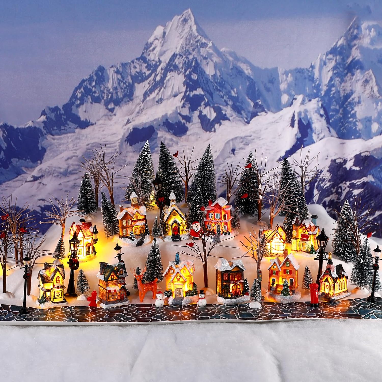 Kajaia 68 Pieces Christmas Winter Houses Village Set, Christmas Bare Branch Trees Snowman Winter Village Town Buildings Accessories Set for Christmas Figurine Village Miniature Home Desktop Decor