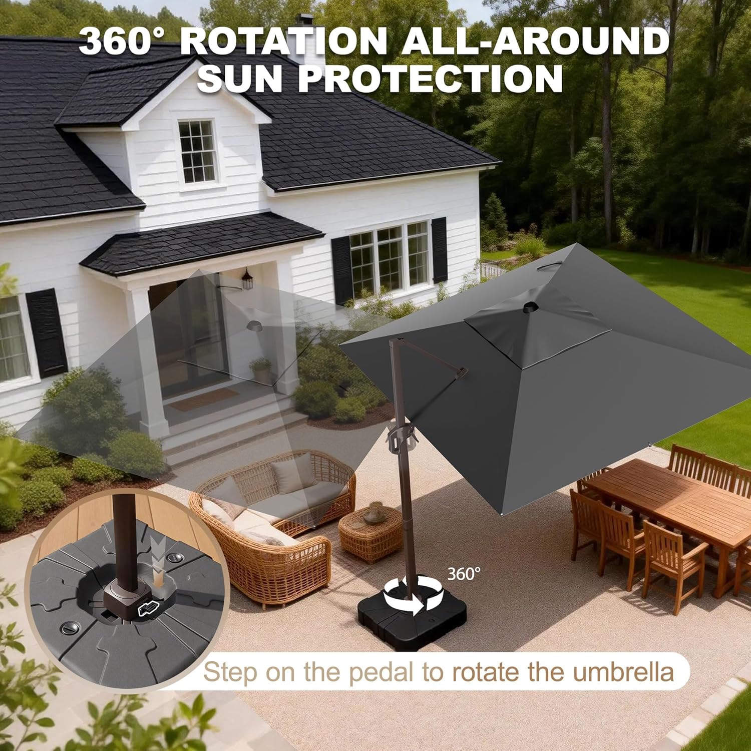 9' X 12' Cantilever Patio Umbrella Rectangle Outdoor Umbrella, 6-Level Tilt & 360° Rotation Offset Umbrella for Garden, Deck, Pool (Grey)