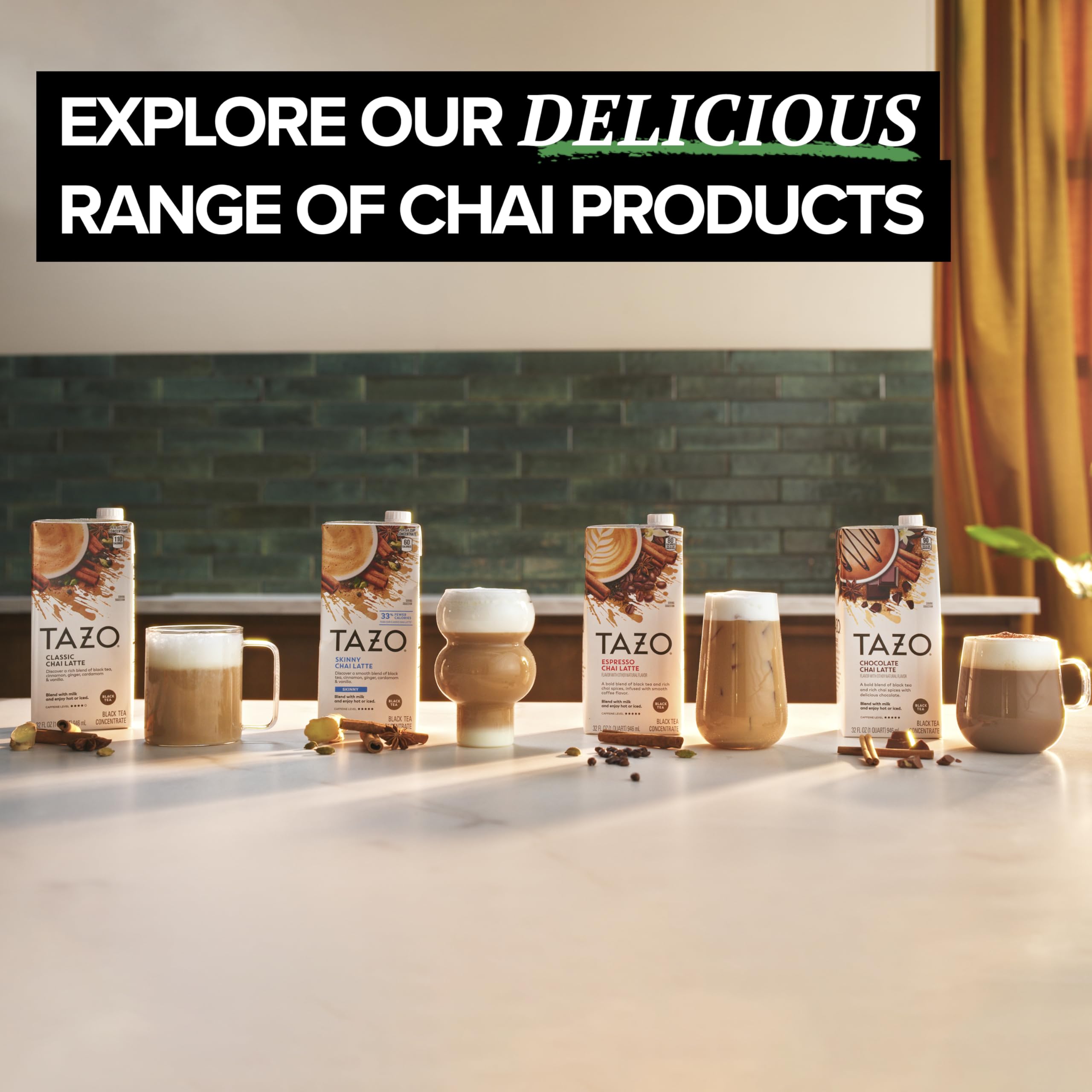 TAZO Decaf Chai Latte, Black Tea Concentrate, Easy-to-Serve Chai Tea for Everyday Lattes, Hot or Iced Tea and Mocktails, 32 oz Tea Mix Carton